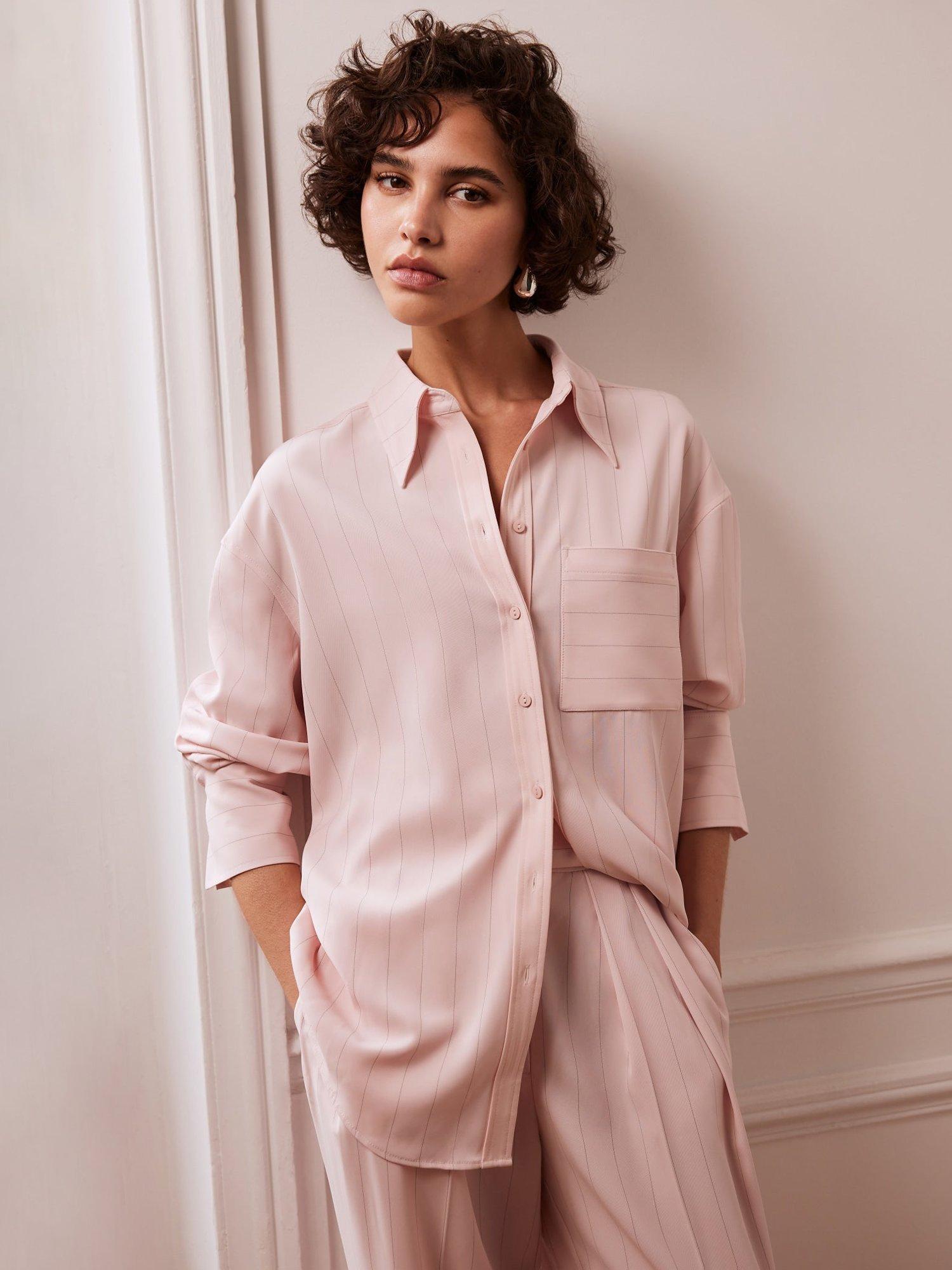 Mint Velvet Oversized Pinstripe Shirt, Pink/Grey