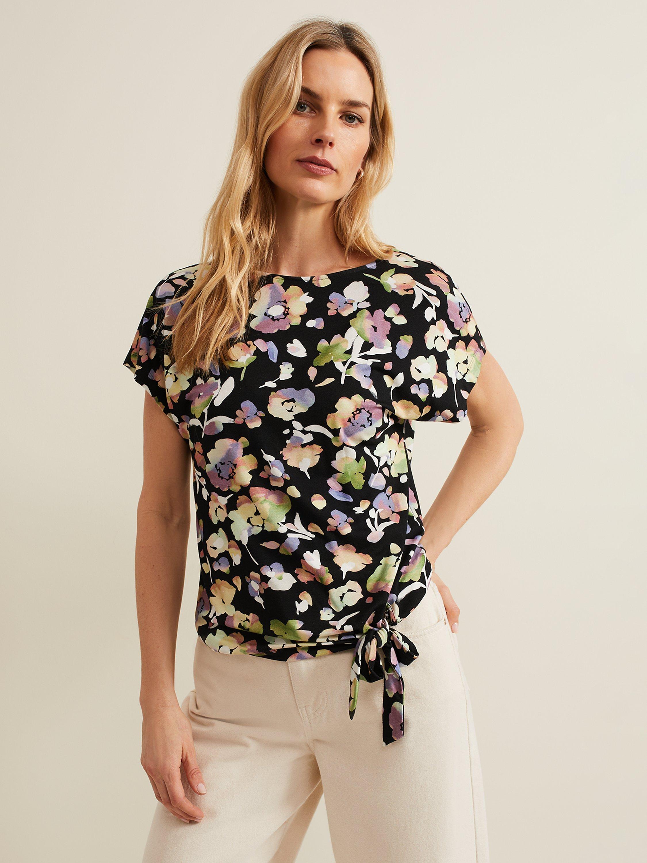 Phase Eight Maddie Watercolour Floral Print Top, Black/Multi