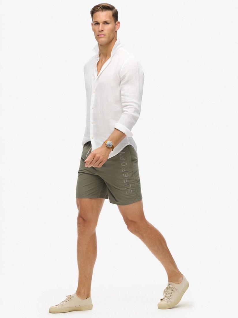 Superdry Premium Embroidered 17" Swim Shorts, Light Khaki Green, S