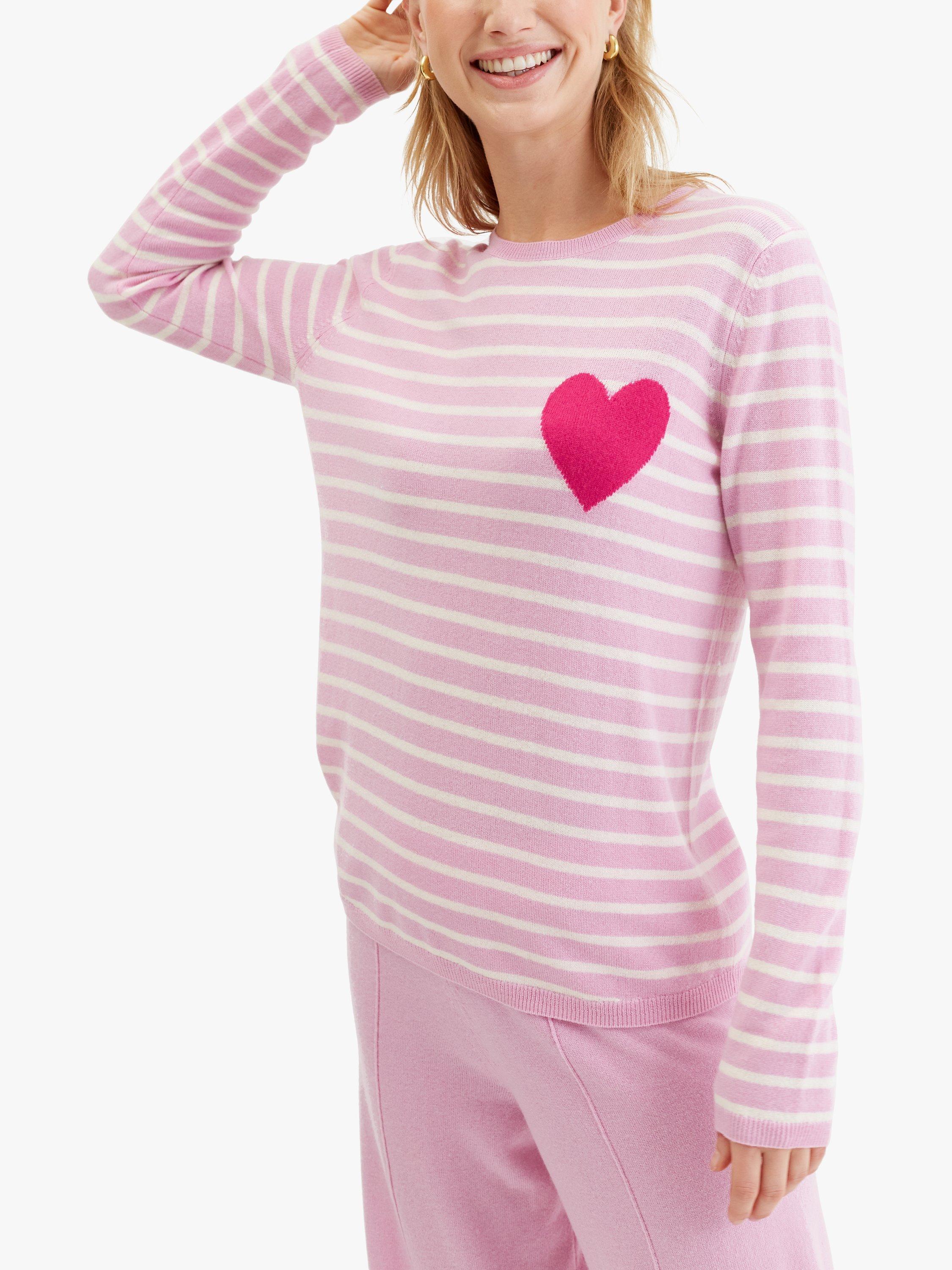 Product image 1 of 3, which shows Chinti & Parker Breton Heart Wool Cashmere Blend Jumper, Pink Lemonade/Cream, XS