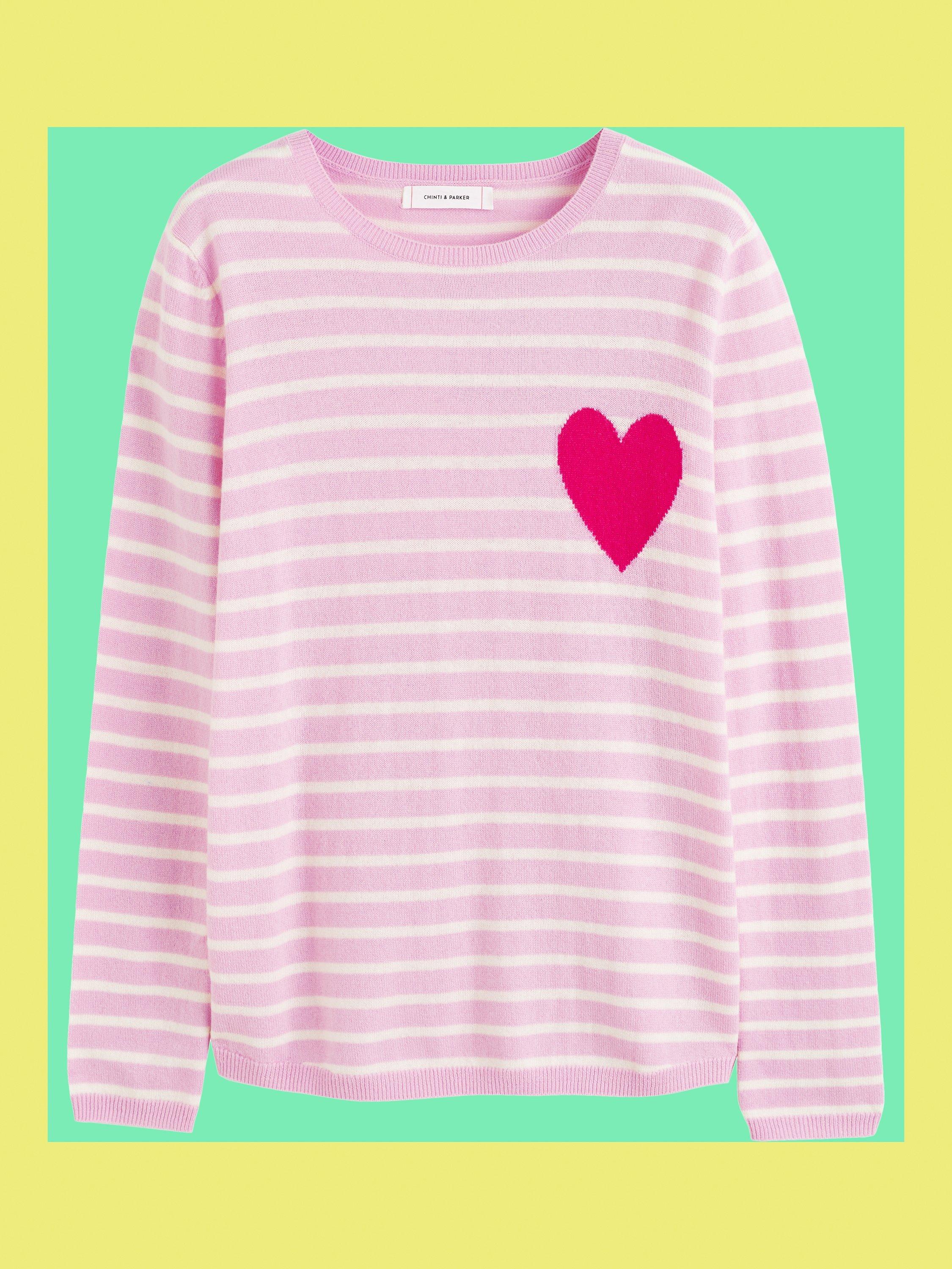 Product image 3 of 3, which shows Chinti & Parker Breton Heart Wool Cashmere Blend Jumper, Pink Lemonade/Cream, XS