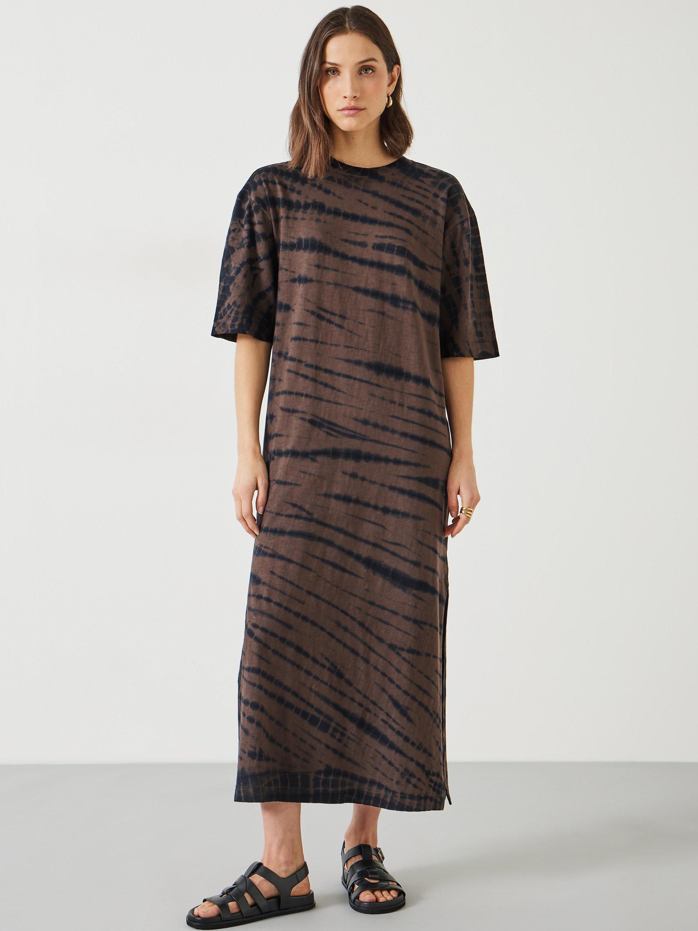 HUSH Addie Diagonal Tie Dye Midi T Shirt Dress Brown