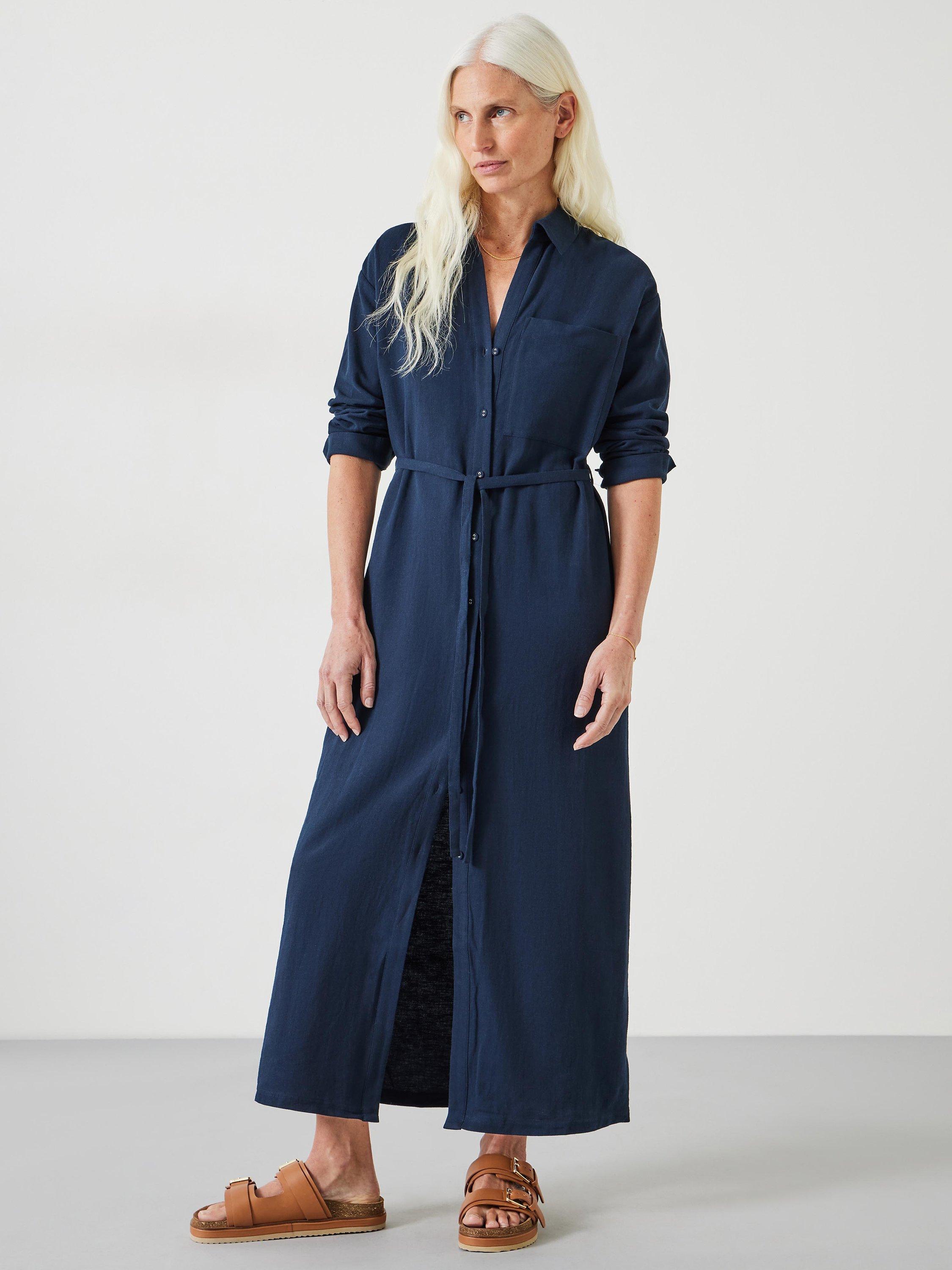 HUSH Florence Linen Blend Maxi Shirt Dress, Midnight Navy