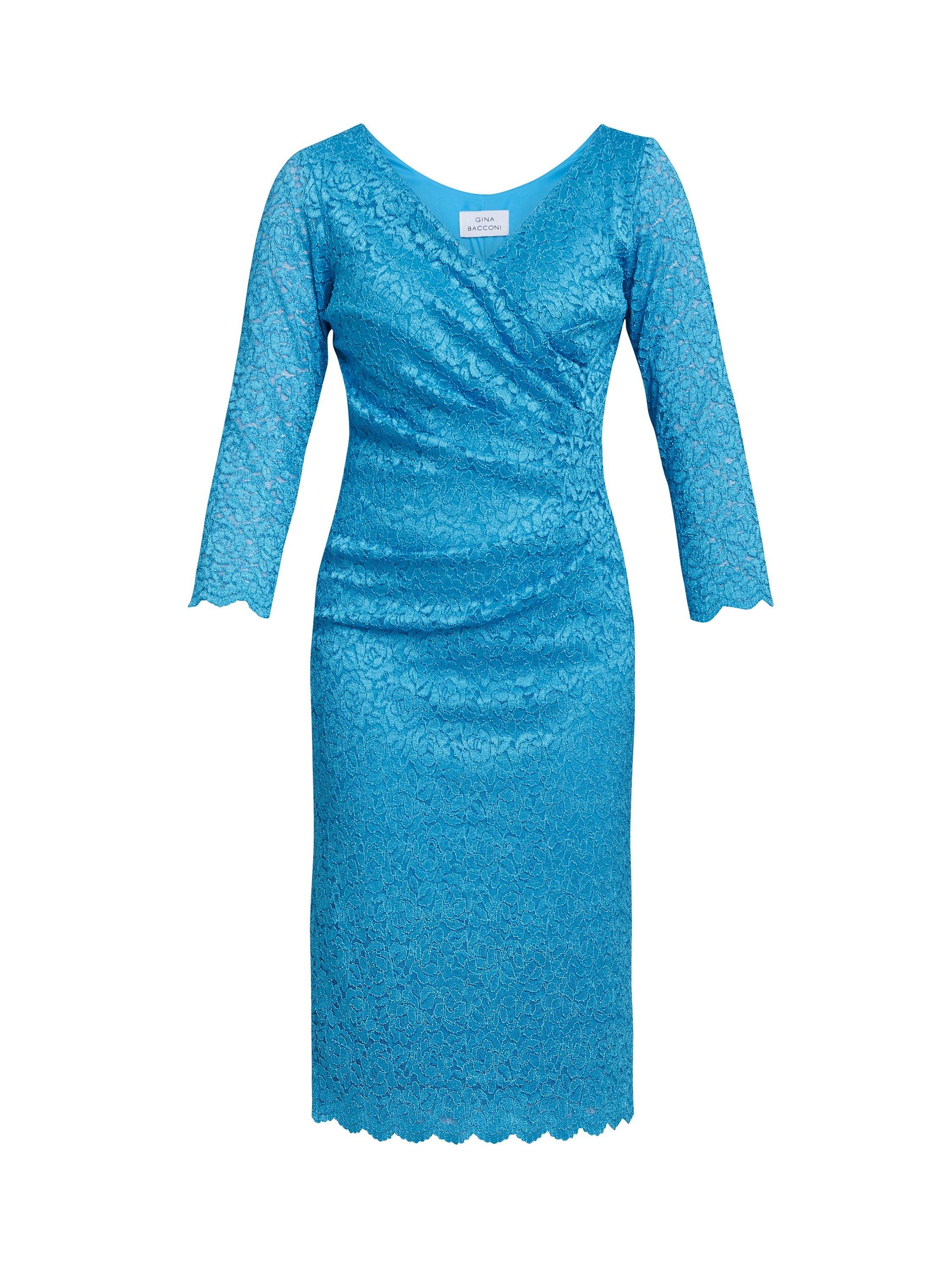 Product image 4 of 5, which shows Gina Bacconi Melody Lace Wrap Dress, Turquoise, 10