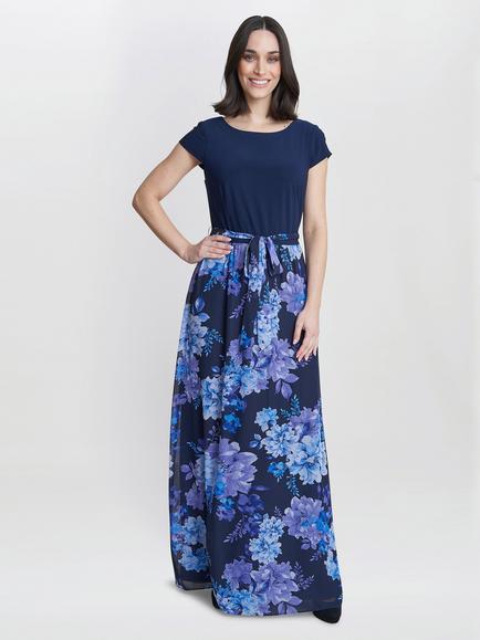 Gina Bacconi Carmen Printed Maxi With Tie Belt, Navy/Multi, Navy/Multi