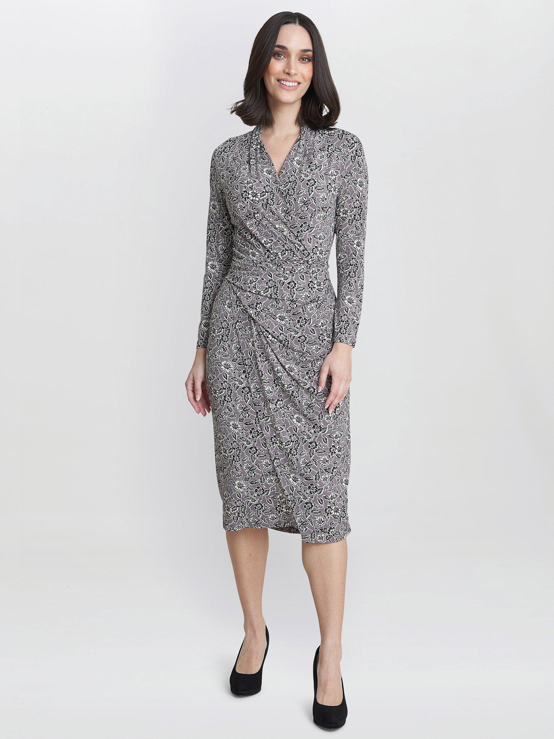 Product image 1 of 5, which shows Gina Bacconi Janet Floral Ruched Waist Jersey Dress, Silver Grey, 8