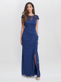 Gina Bacconi Cecilia Maxi Dress Embroidered Illusion Neckline, Navy, Navy
