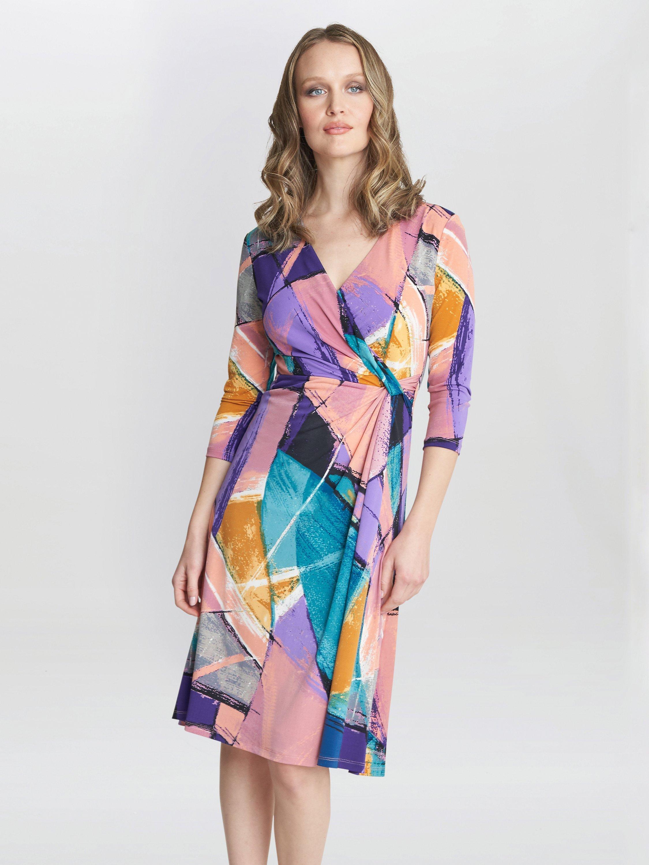 Product image 1 of 4, which shows Gina Bacconi Becky Jersey Wrap Dress, Peach/Multi, 8