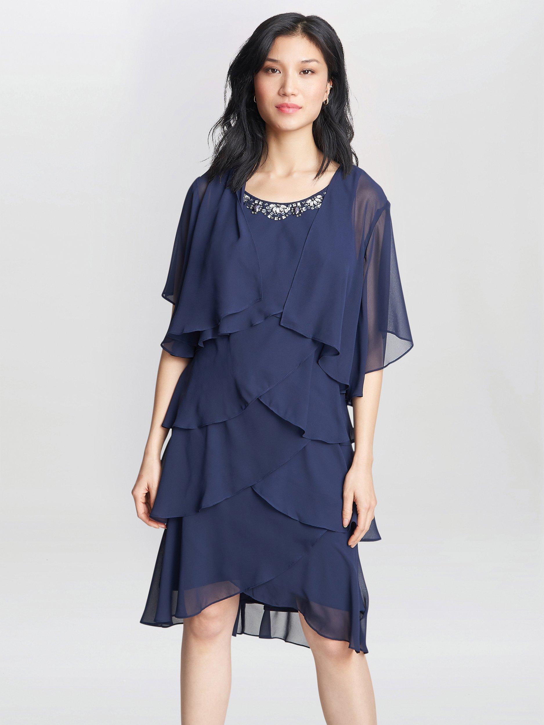 Gina Bacconi Toni Chiffon Tier Jacket and Beaded Neck Dress Navy