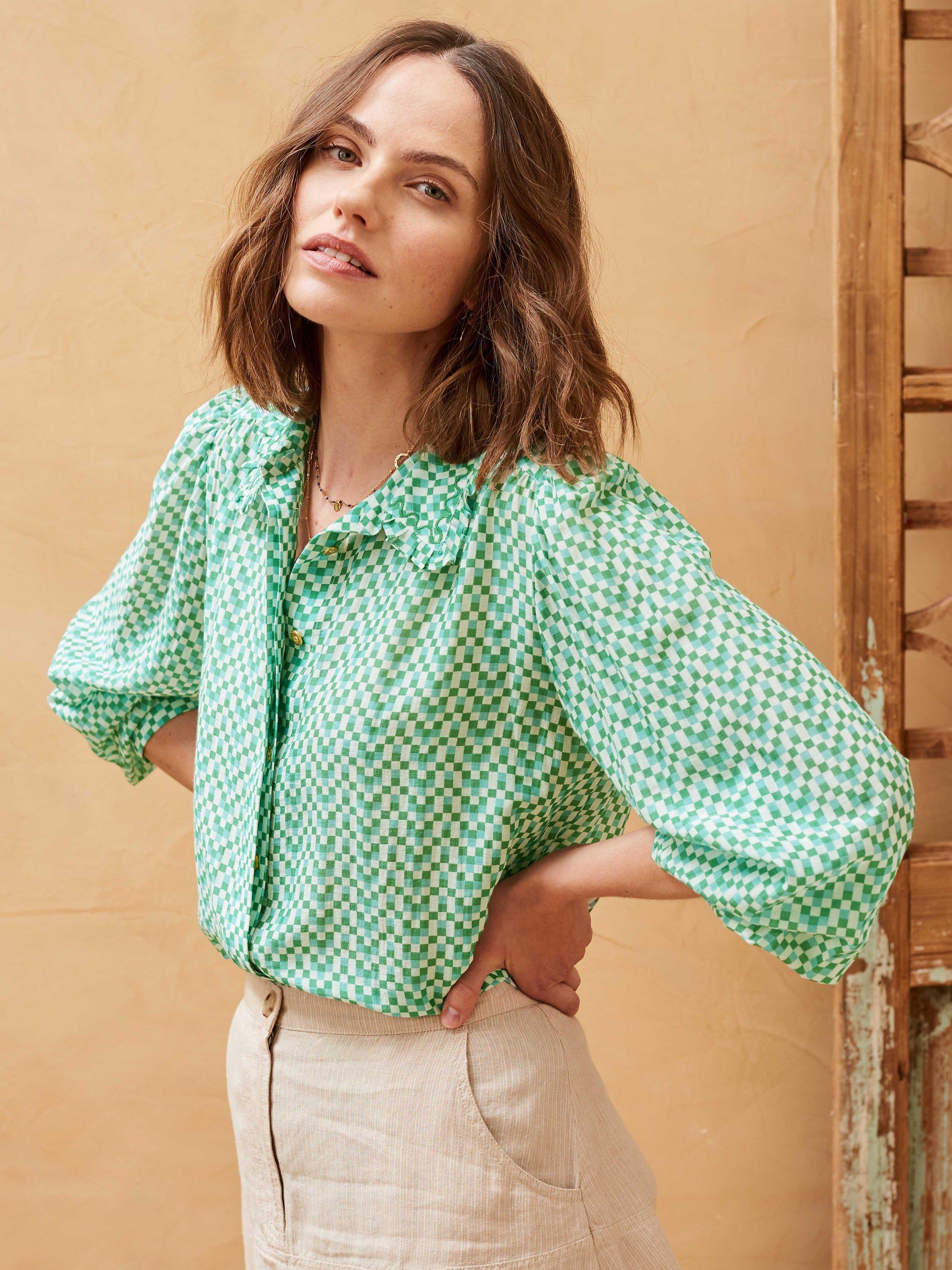 Brora Silk Cotton Checkerboard Print Blouse, Emerald/Multi