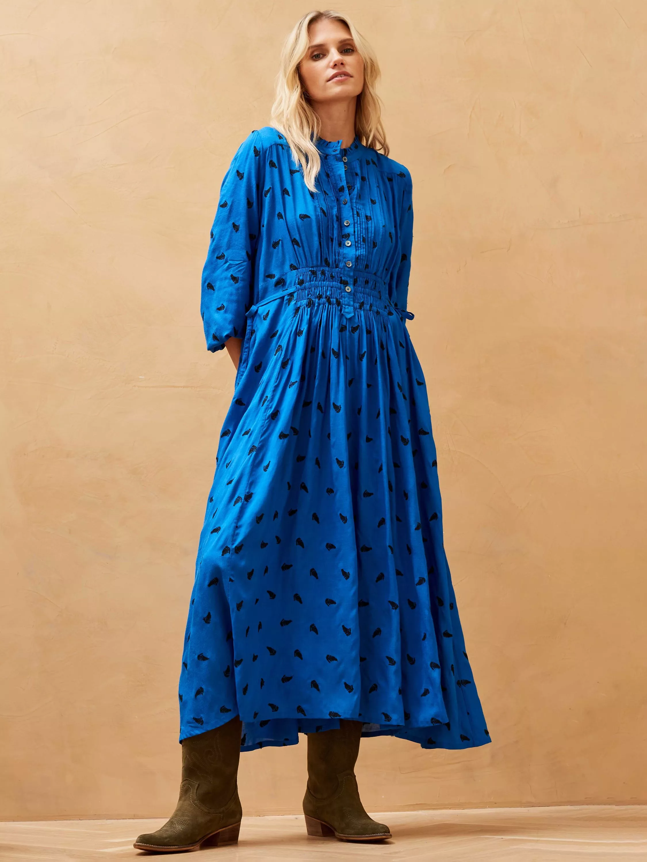 Brora Embroidered Fern Shirt Midi Dress Cobalt