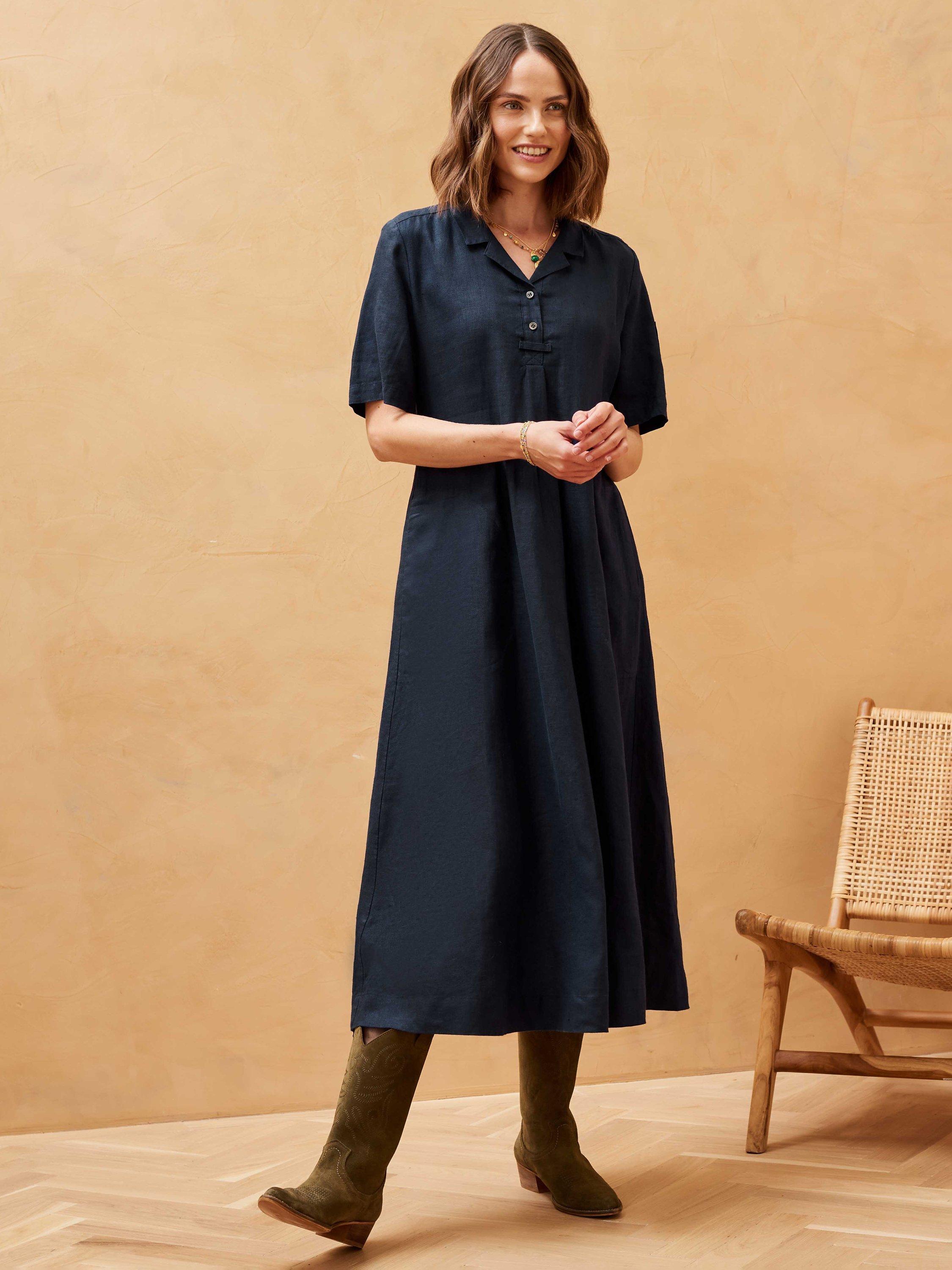 Brora Linen Utility Midi Shirt Dress, Navy