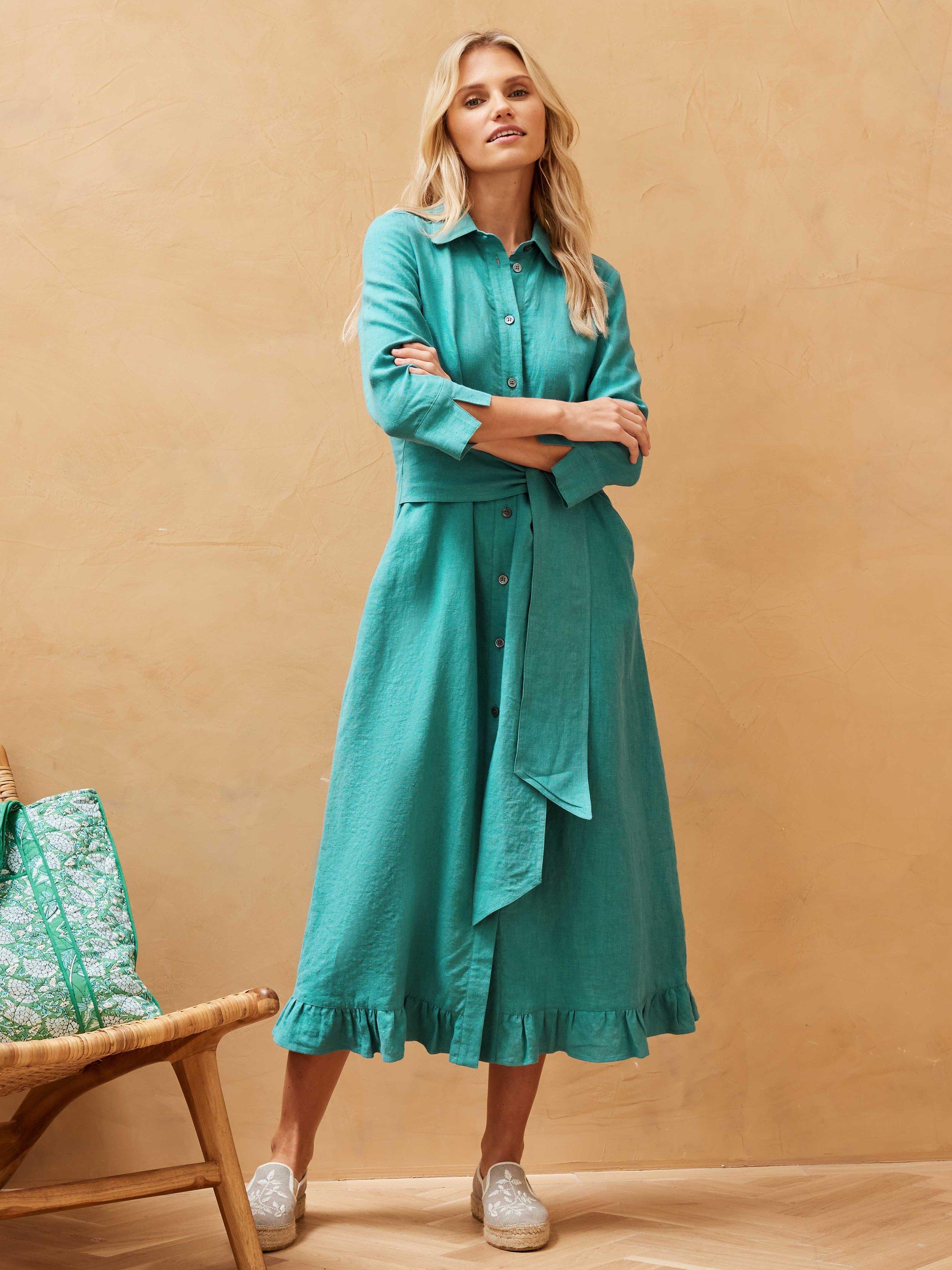 Brora Linen Frill Hem Midi Shirt Dress Ocean