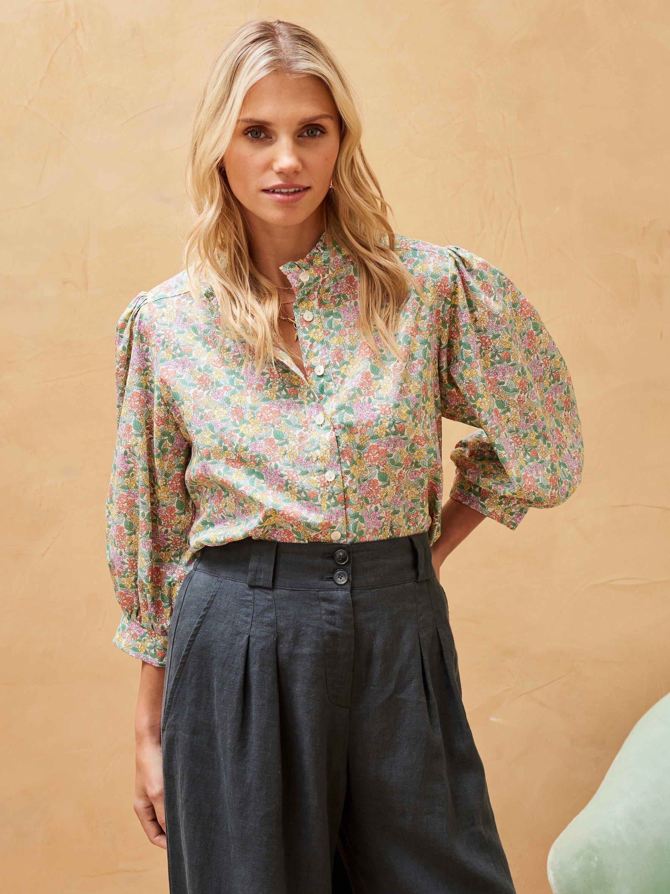 Brora Floral Liberty Print Puff Sleeve Blouse, Sage/Multi