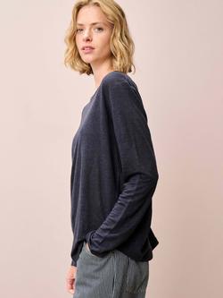 Brora Linen Knit Boat Neck Long Sleeve Top, Ink
