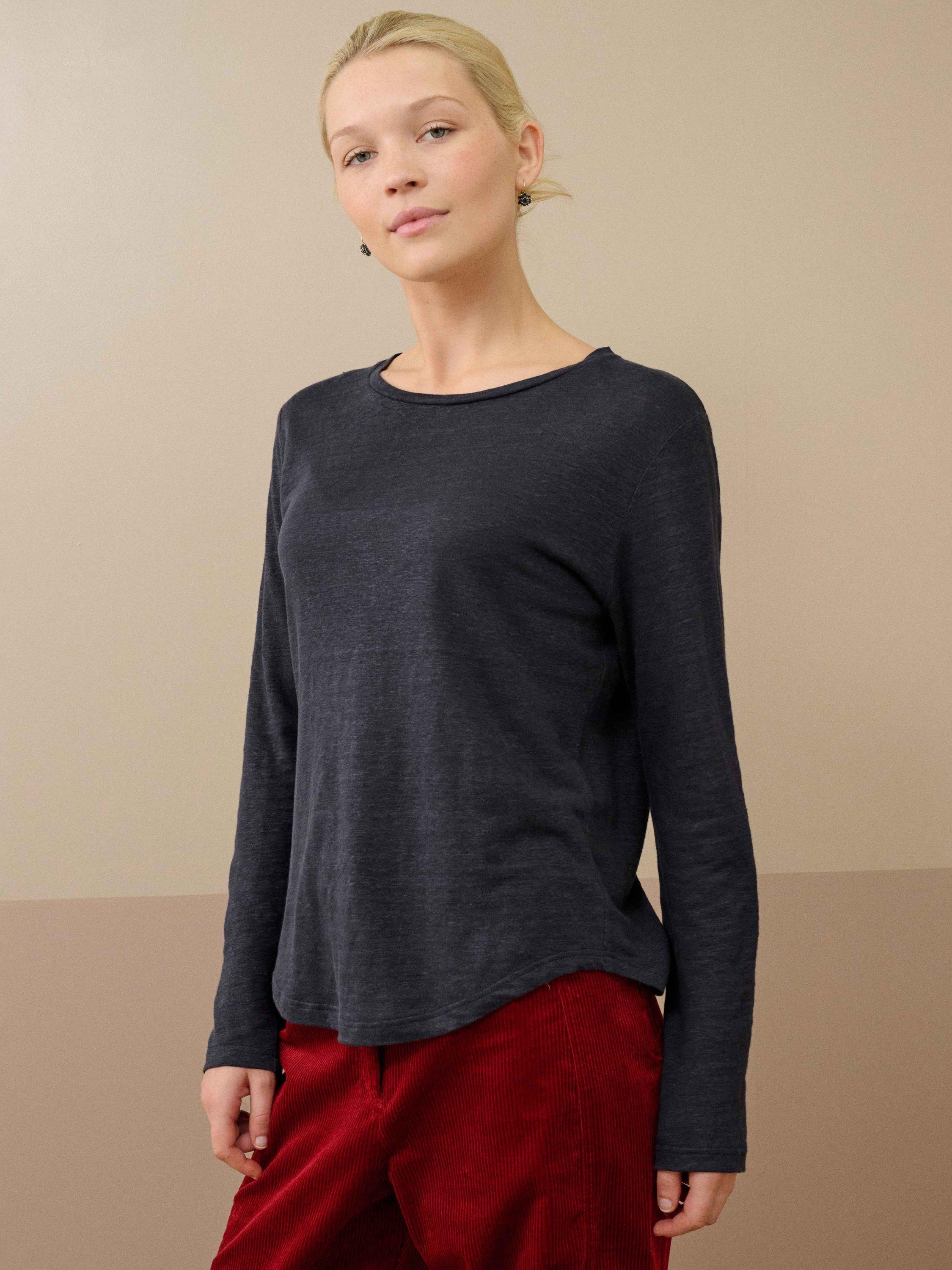 Product image 4 of 5, which shows Brora Linen Knit Boat Neck Long Sleeve Top, Ink, 12