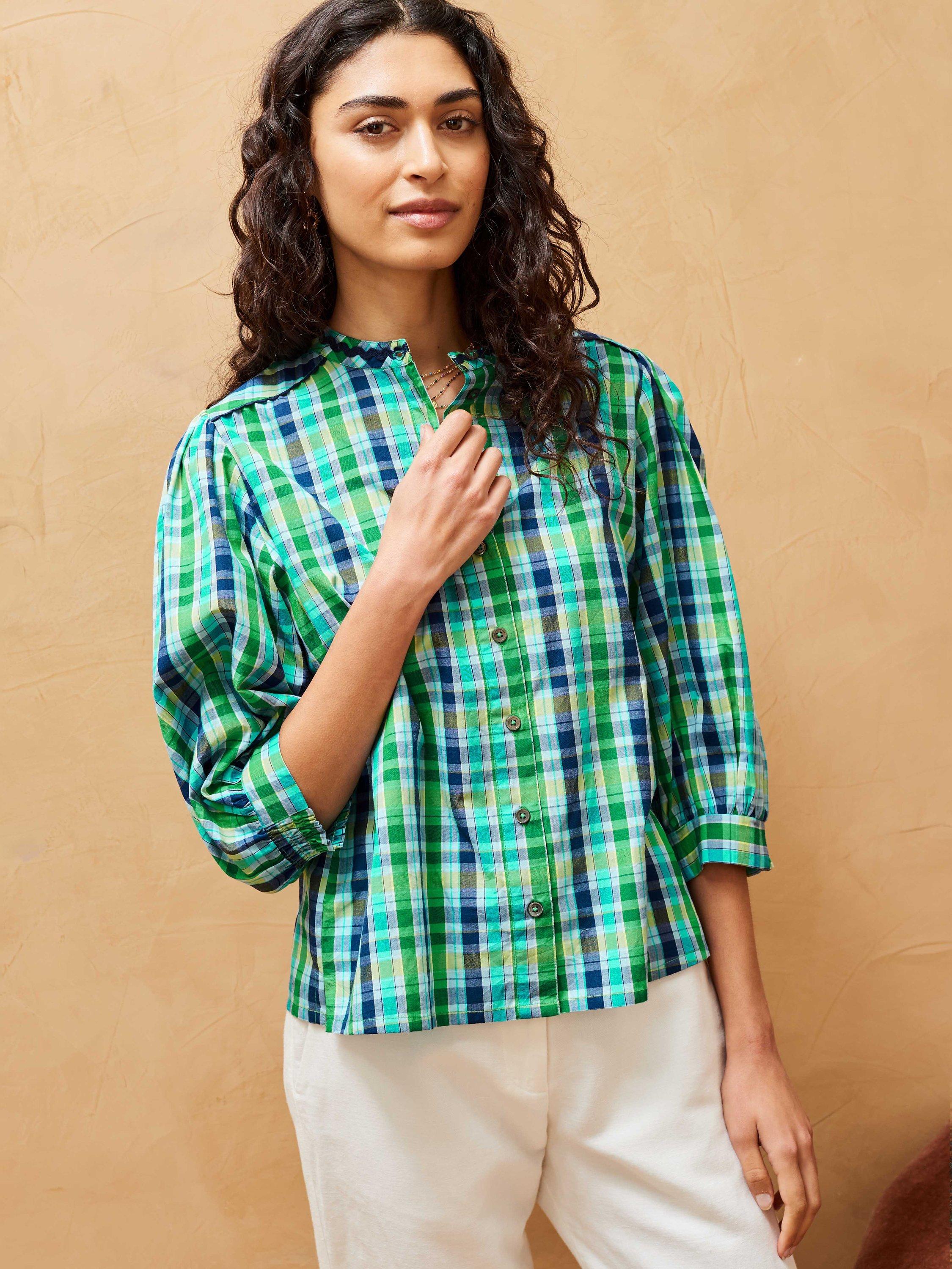 Brora Ric Rac Trim Checked Shirt, Emerald/Multi