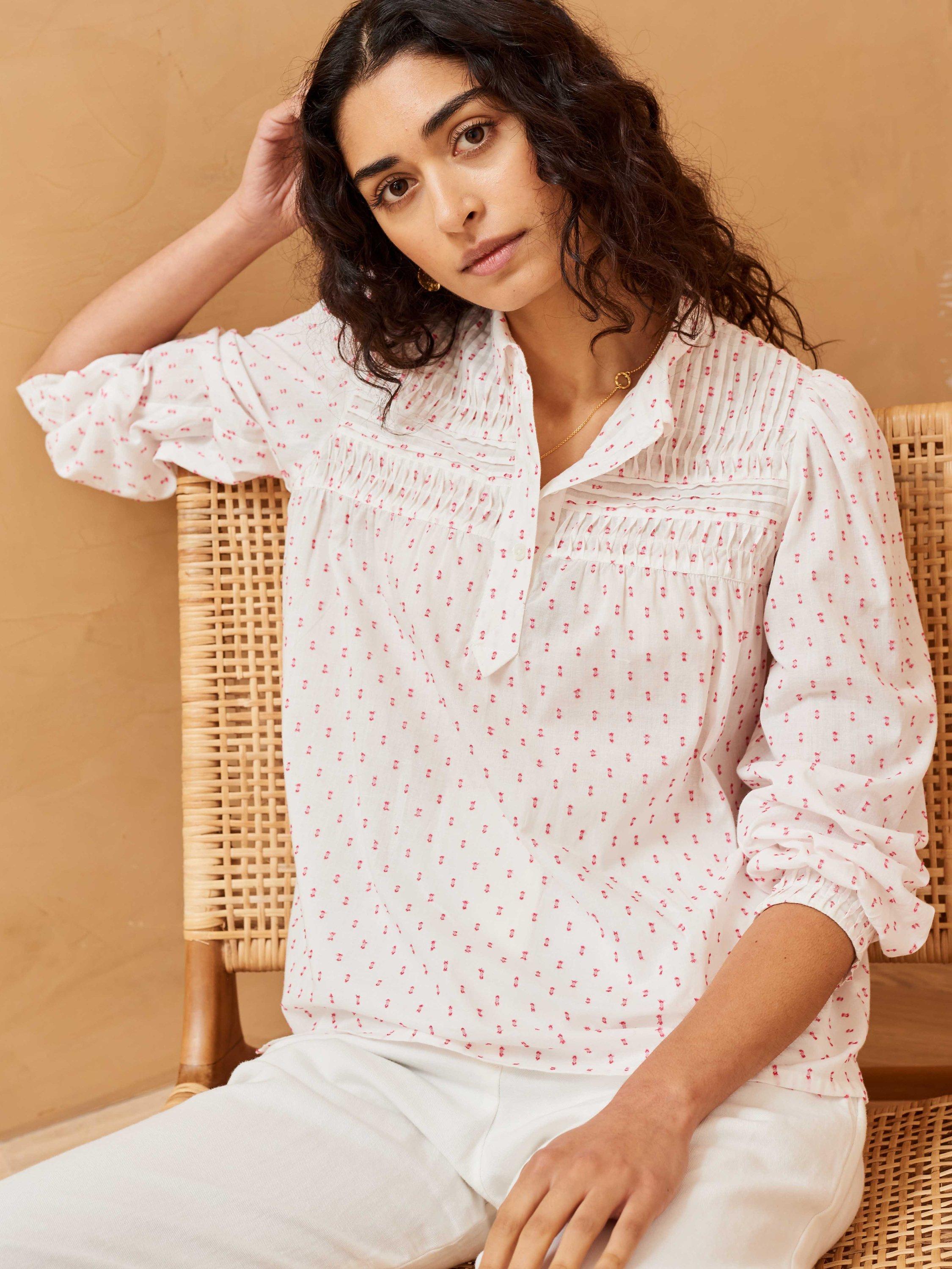 Brora Dobby Spot Pleated Yoke Blouse, White/Poppy