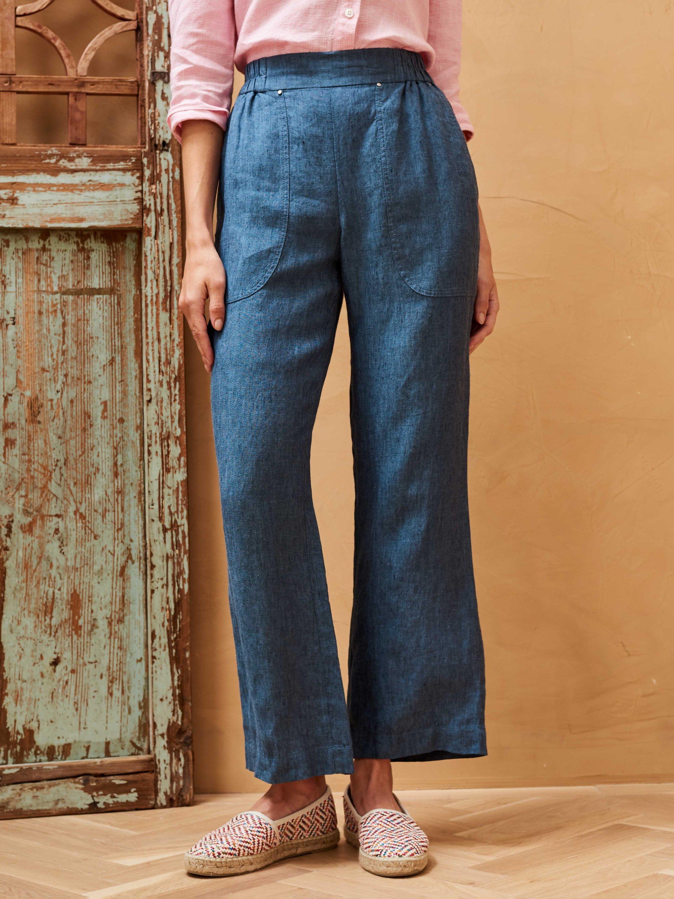 Brora Cross Weave Linen Pull-On Trousers, Indigo