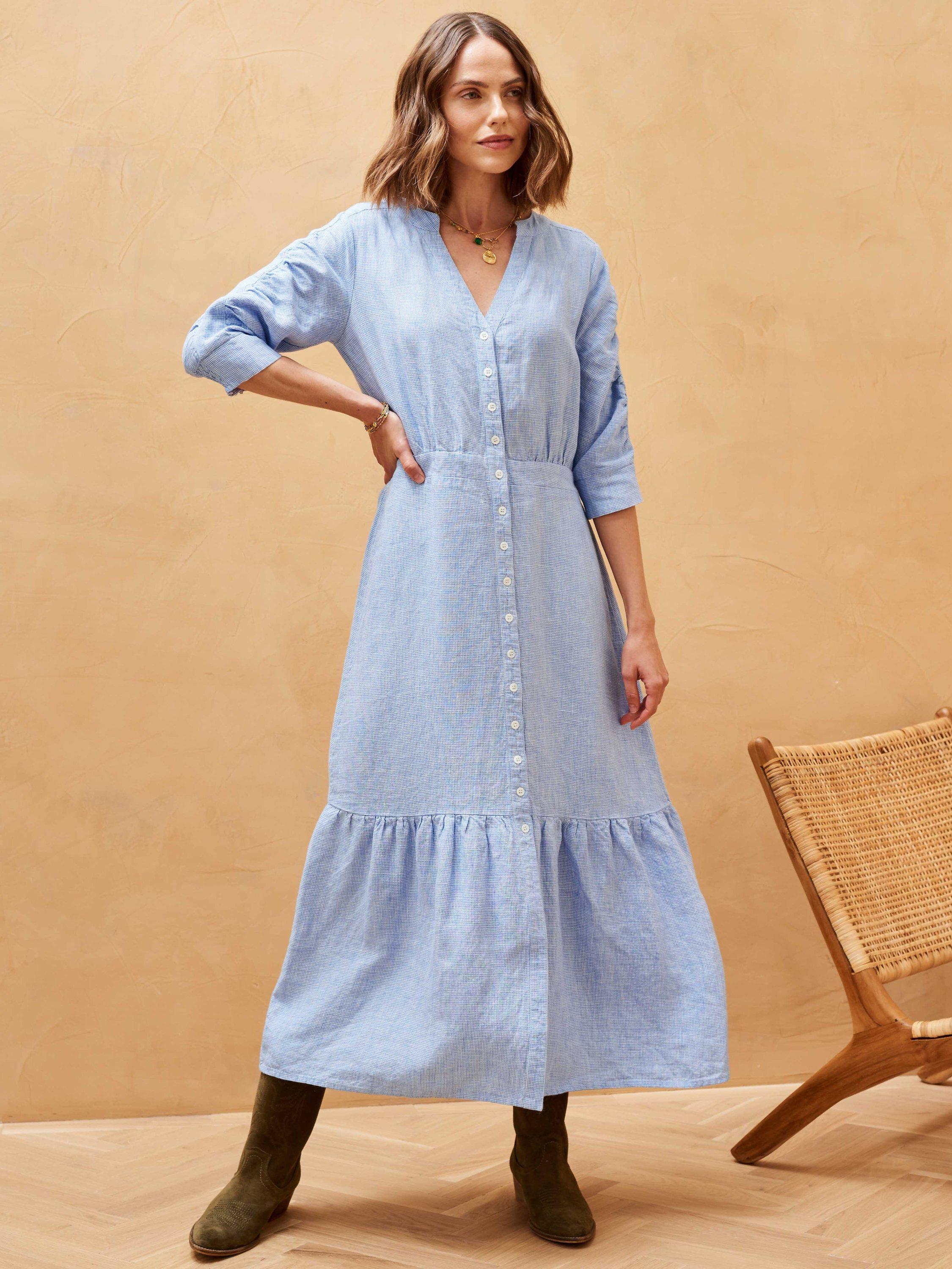 Brora Mini Houndstotth Weave Linen Midi Dress Harebell