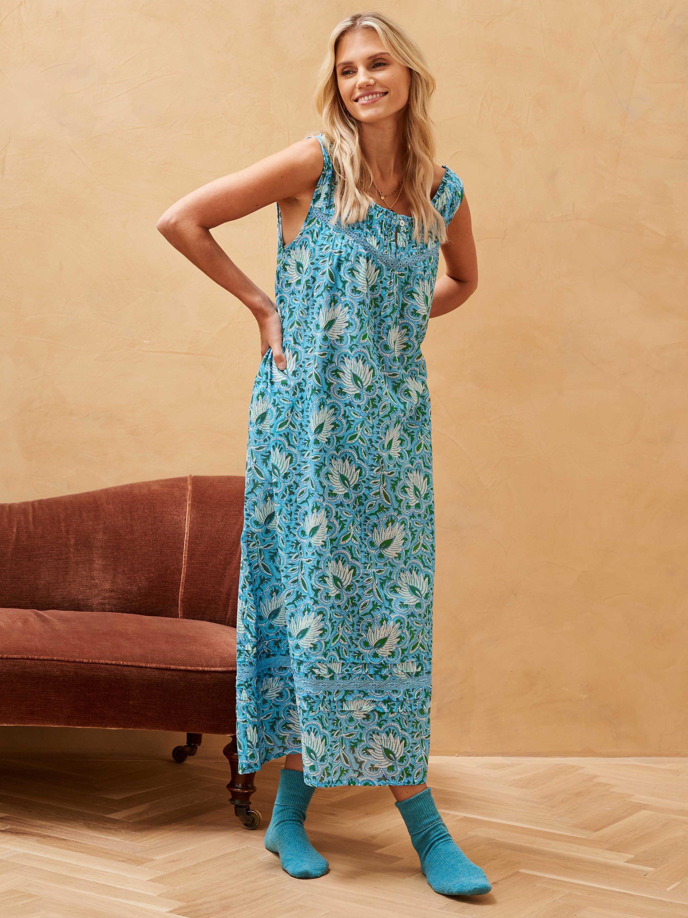 Brora Organic Cotton Block Print Nightdress, Sky/Multi