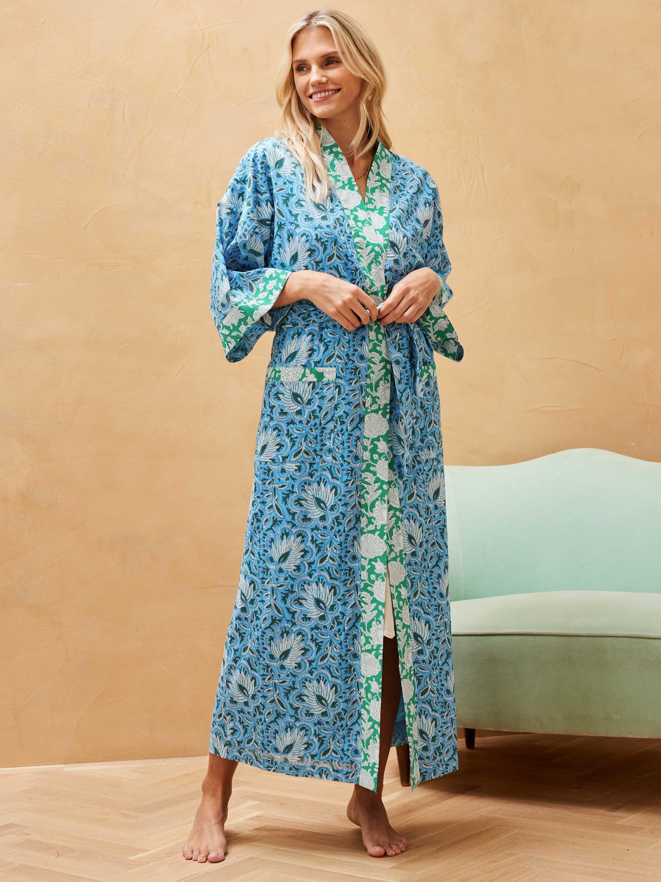 Brora Organic Cotton Patchwork Dressing Gown, Sky/Multi