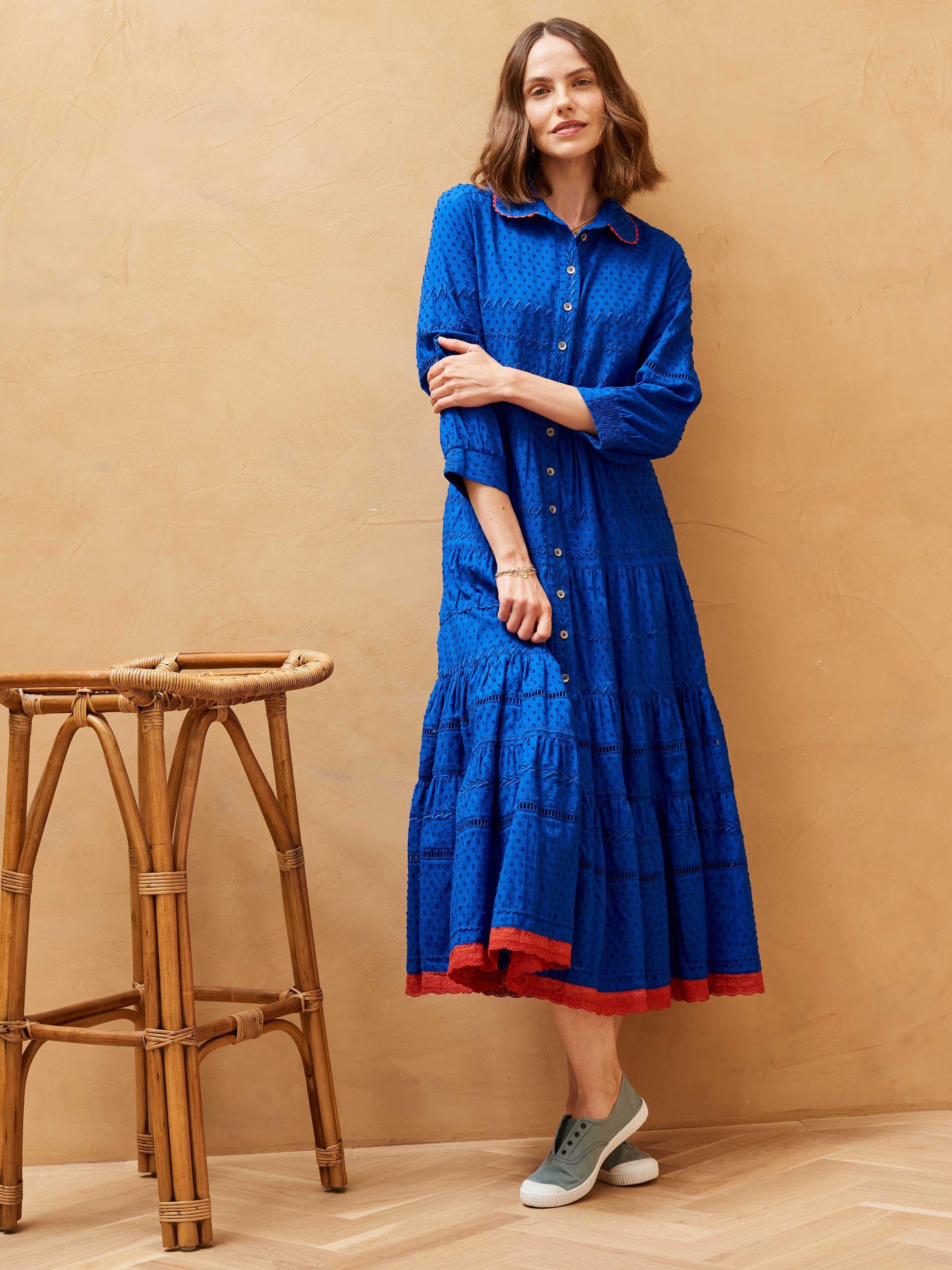 Brora Organic Cotton Folk Shirt Dress, Cobalt