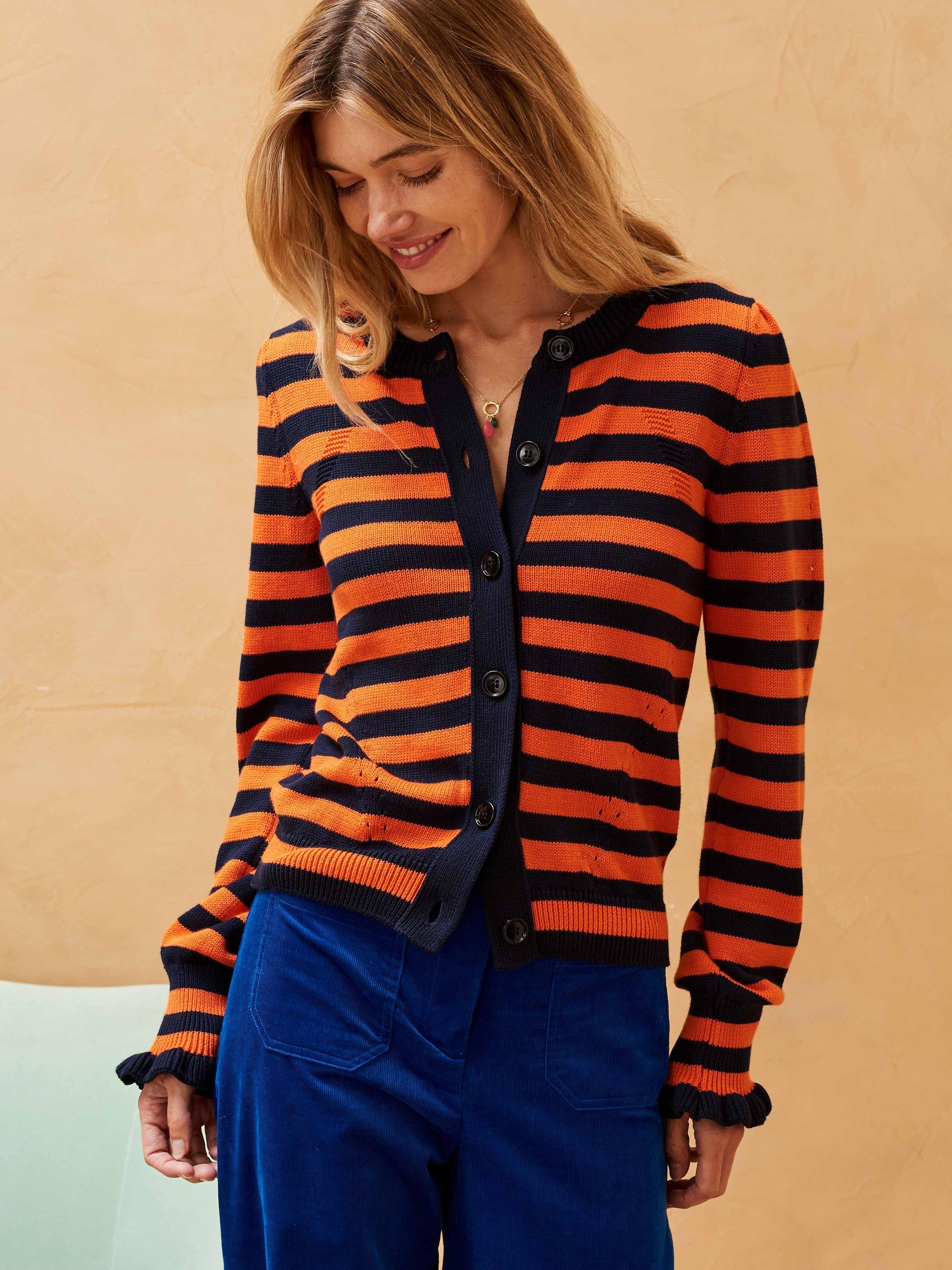 Brora Cotton Knot Stripe Cardigan, Navy/Marigold