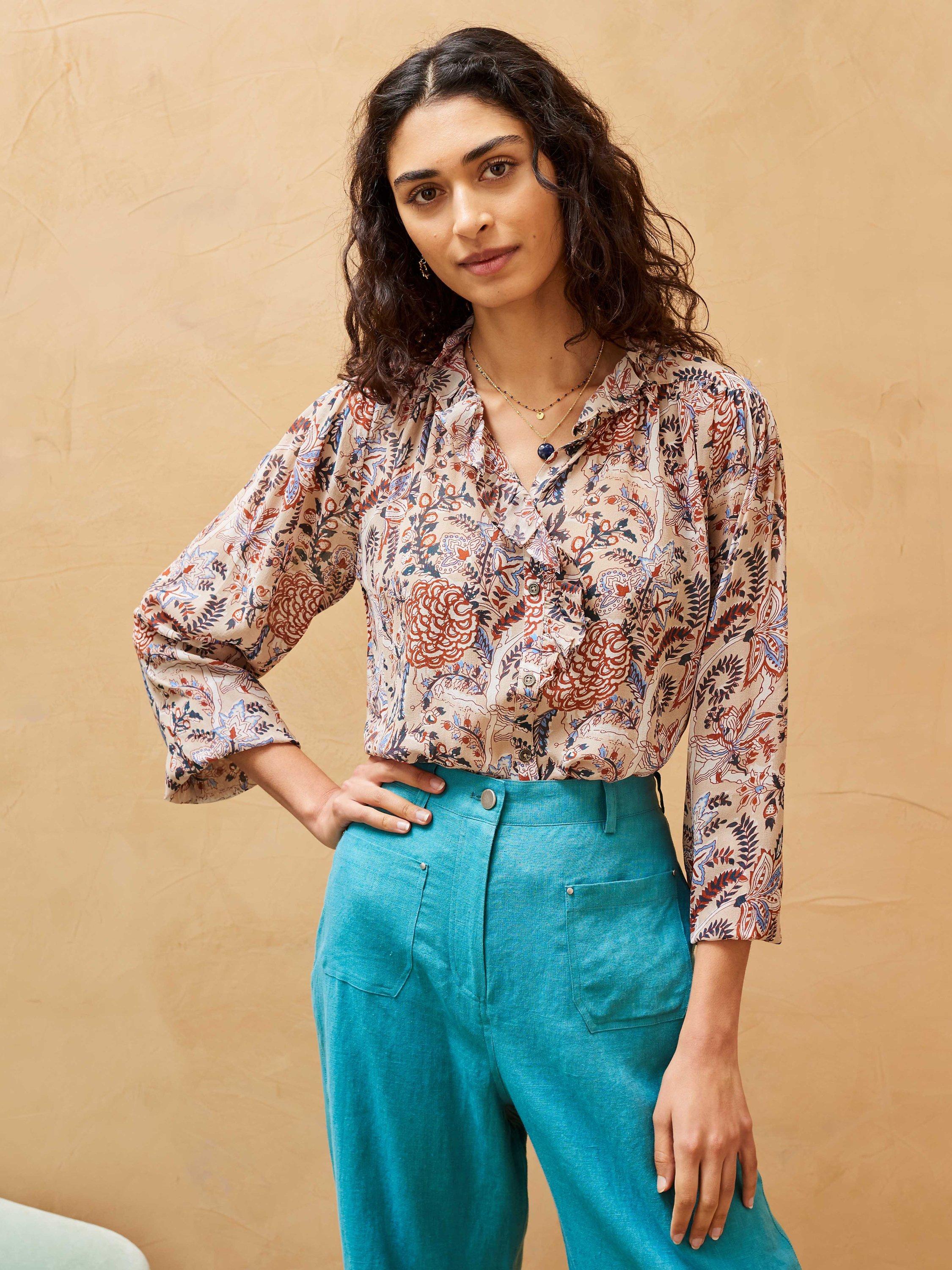Brora Block Print Ruffle Neck Silk Blouse, Oyster/Multi