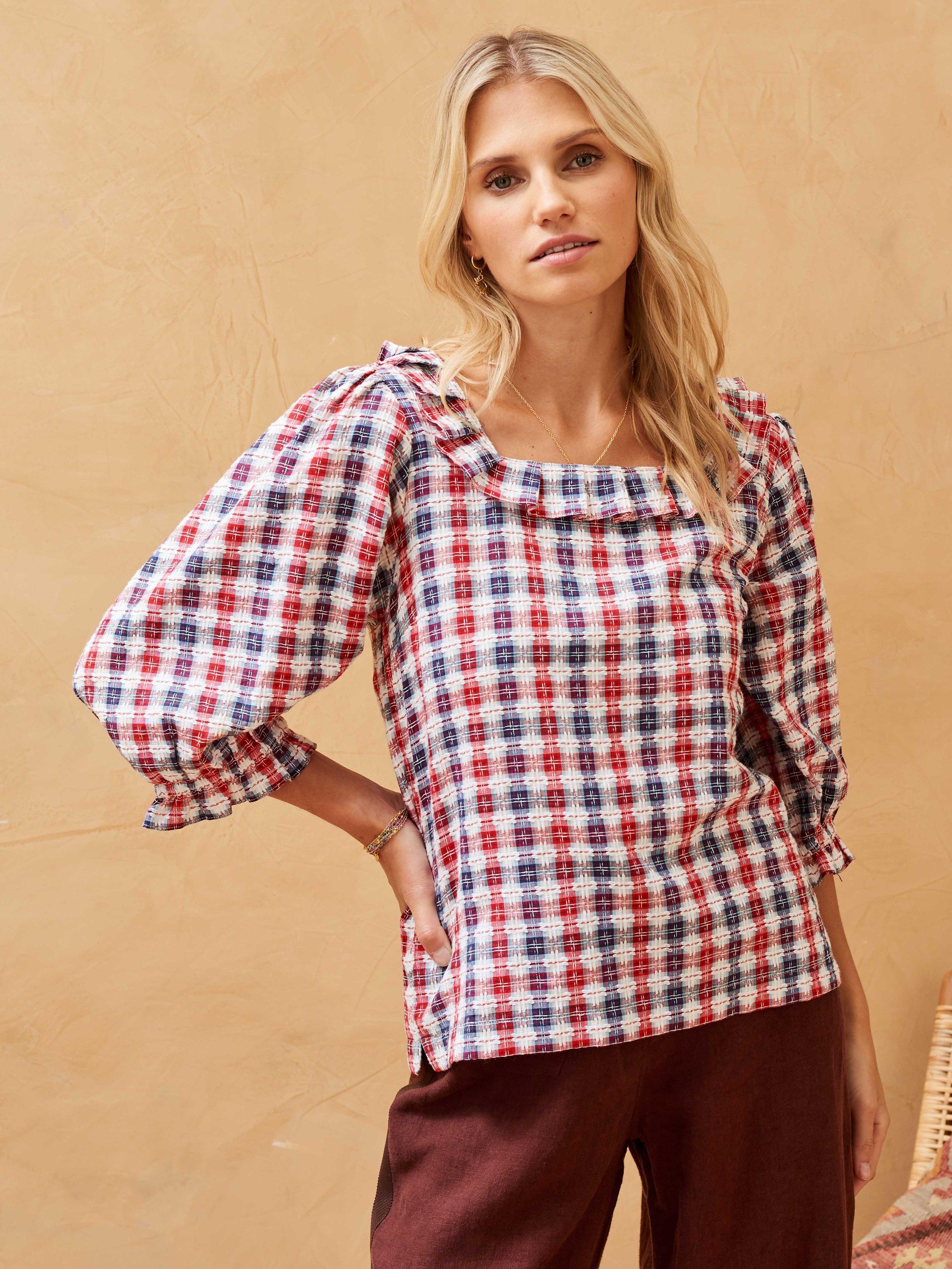 Brora Check Embroidered Button Back Blouse, White/Multi