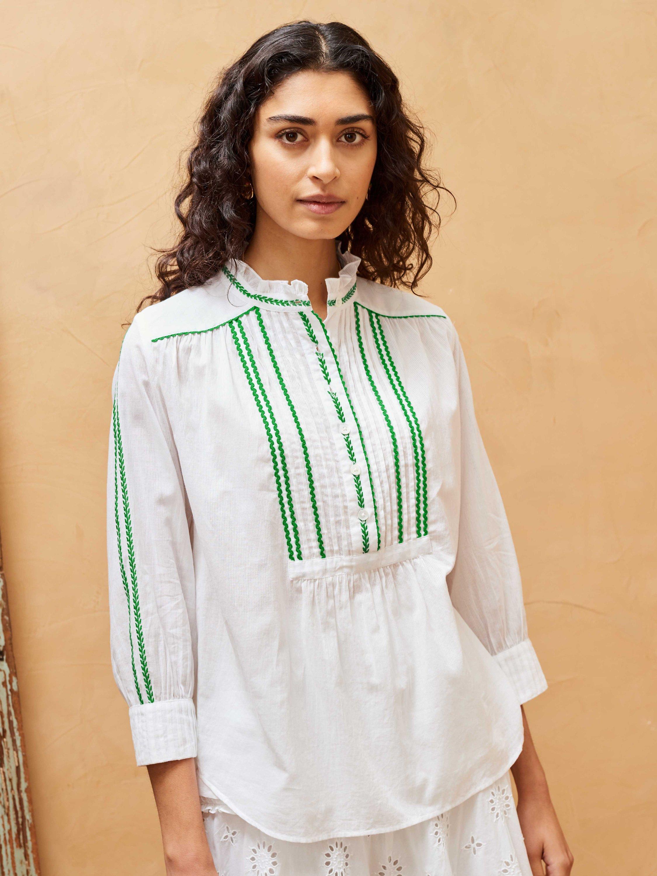 Brora Organic Cotton Ric-Rac Trim Blouse, White/Green