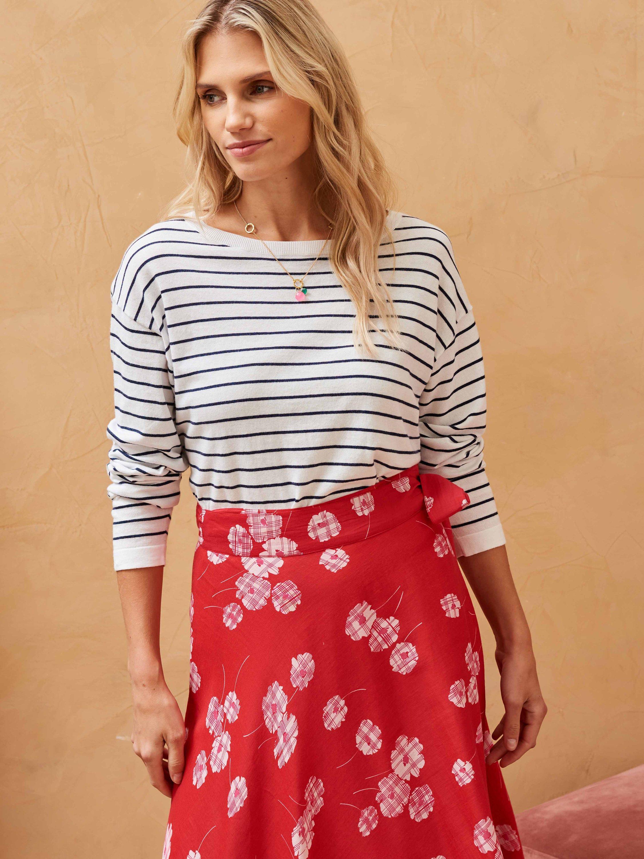 Brora Cotton Knit Breton Stripe Top, White/Navy