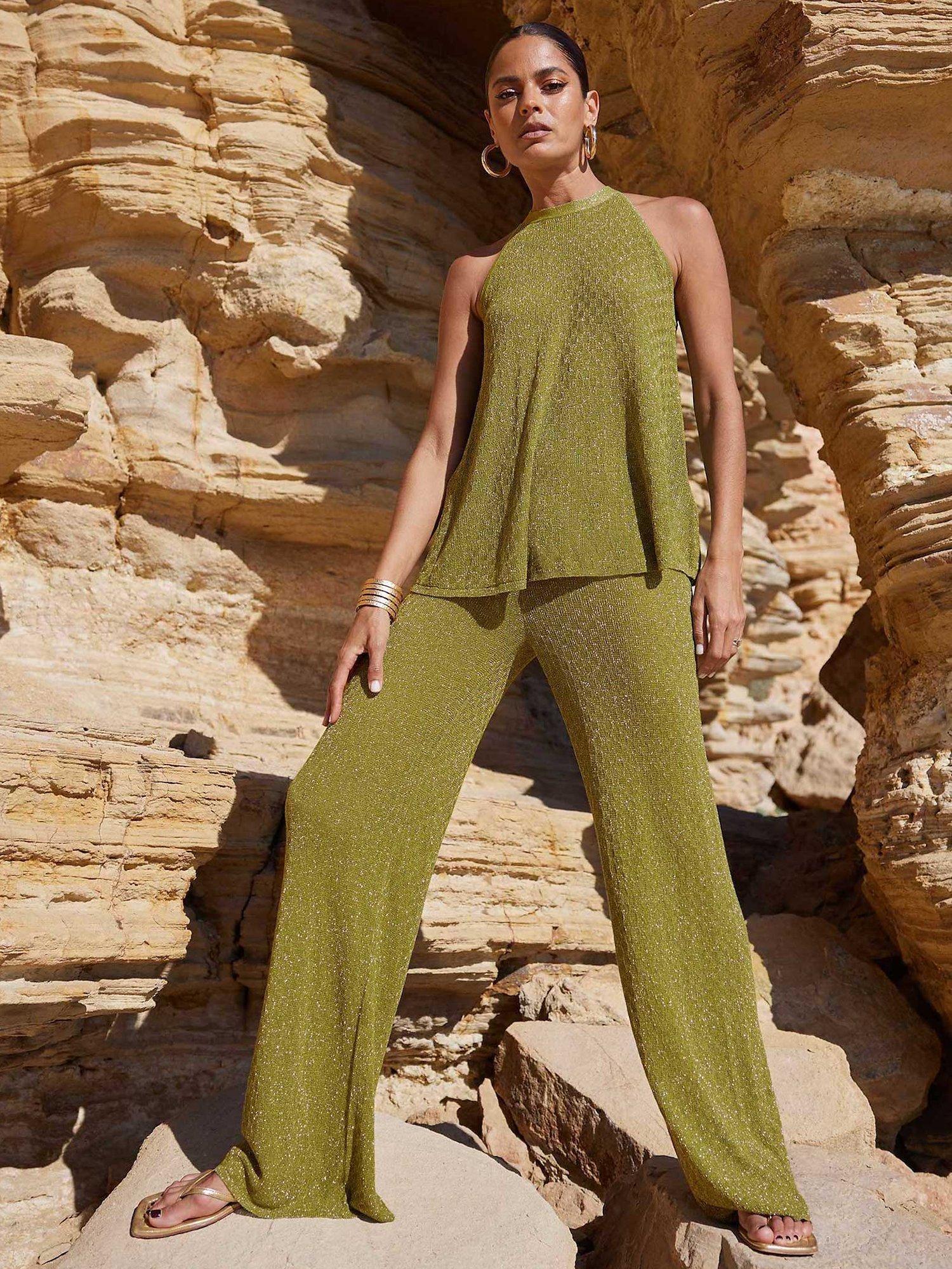 Product image 1 of 7, which shows Ro&Zo Sparkle Wide Leg Trousers, Green, M