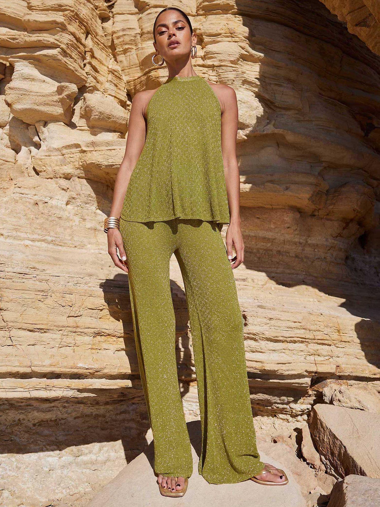Product image 2 of 7, which shows Ro&Zo Sparkle Wide Leg Trousers, Green, M