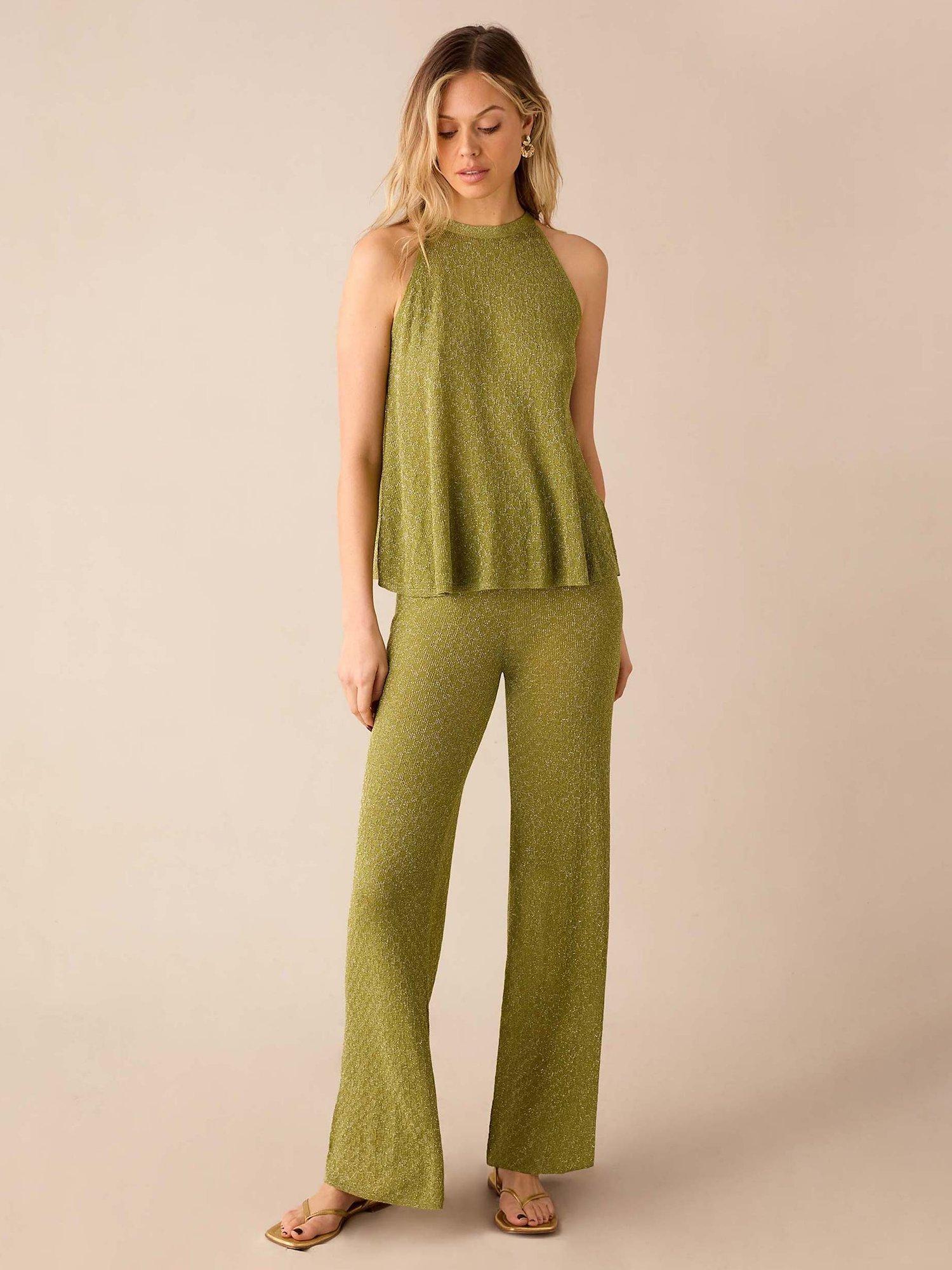 Product image 3 of 7, which shows Ro&Zo Sparkle Wide Leg Trousers, Green, M