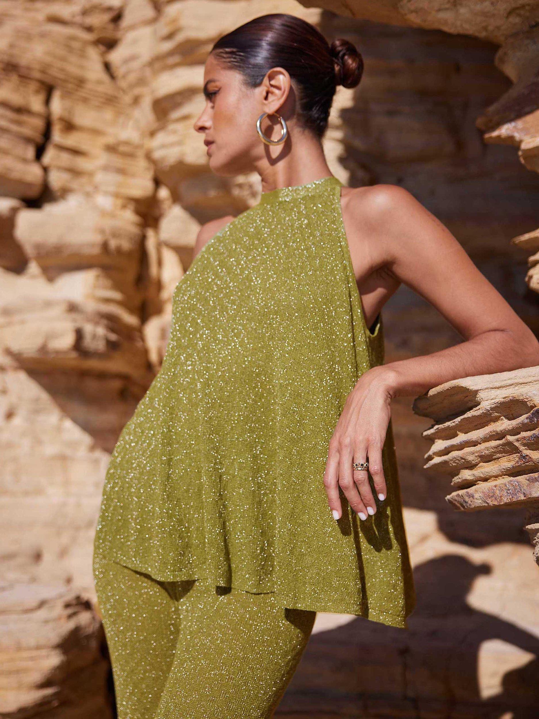 Ro&Zo Halterneck Sparkle Finish Top, Green