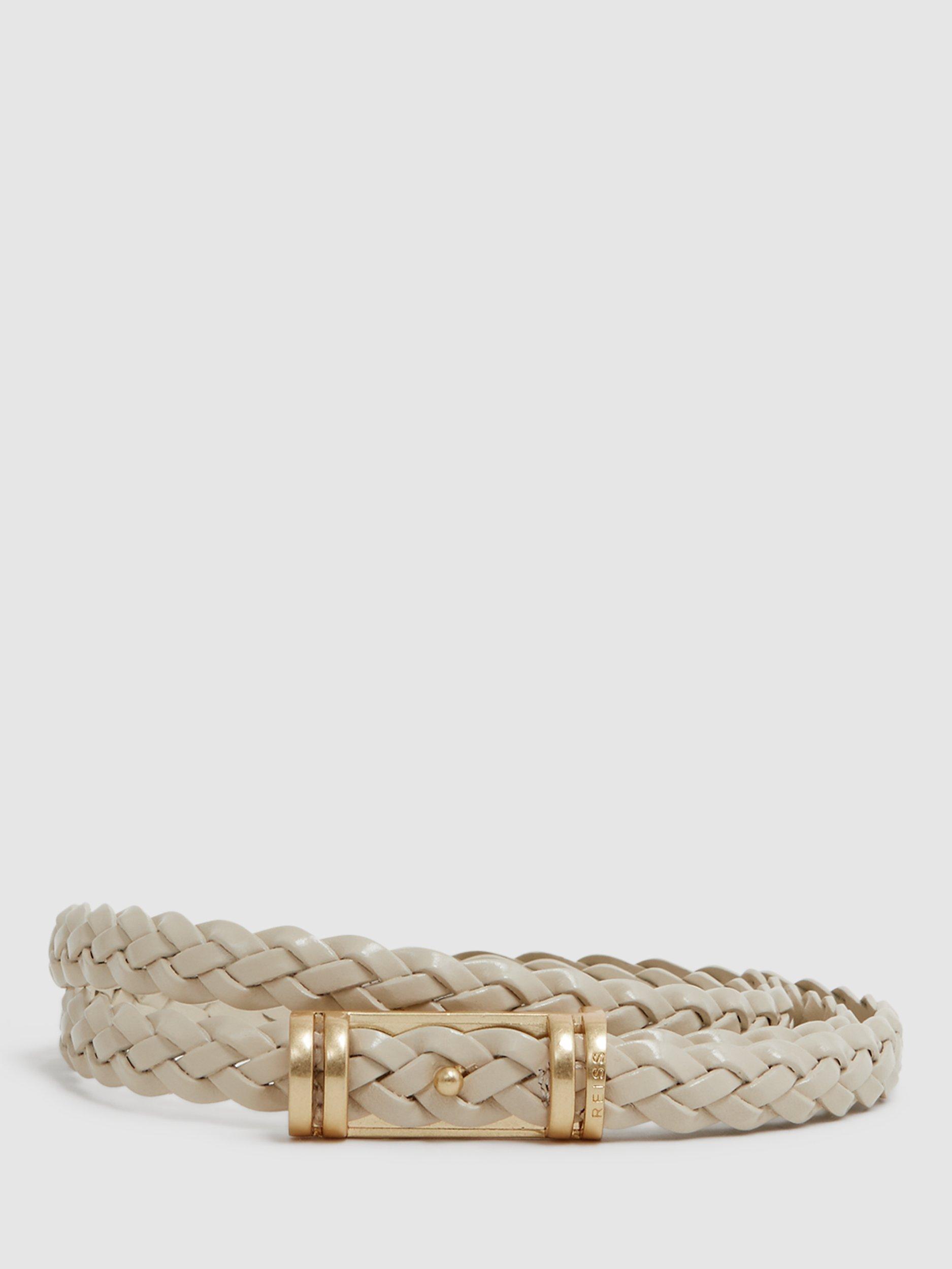 Reiss Lara Woven Leather Skinny Belt, Cream