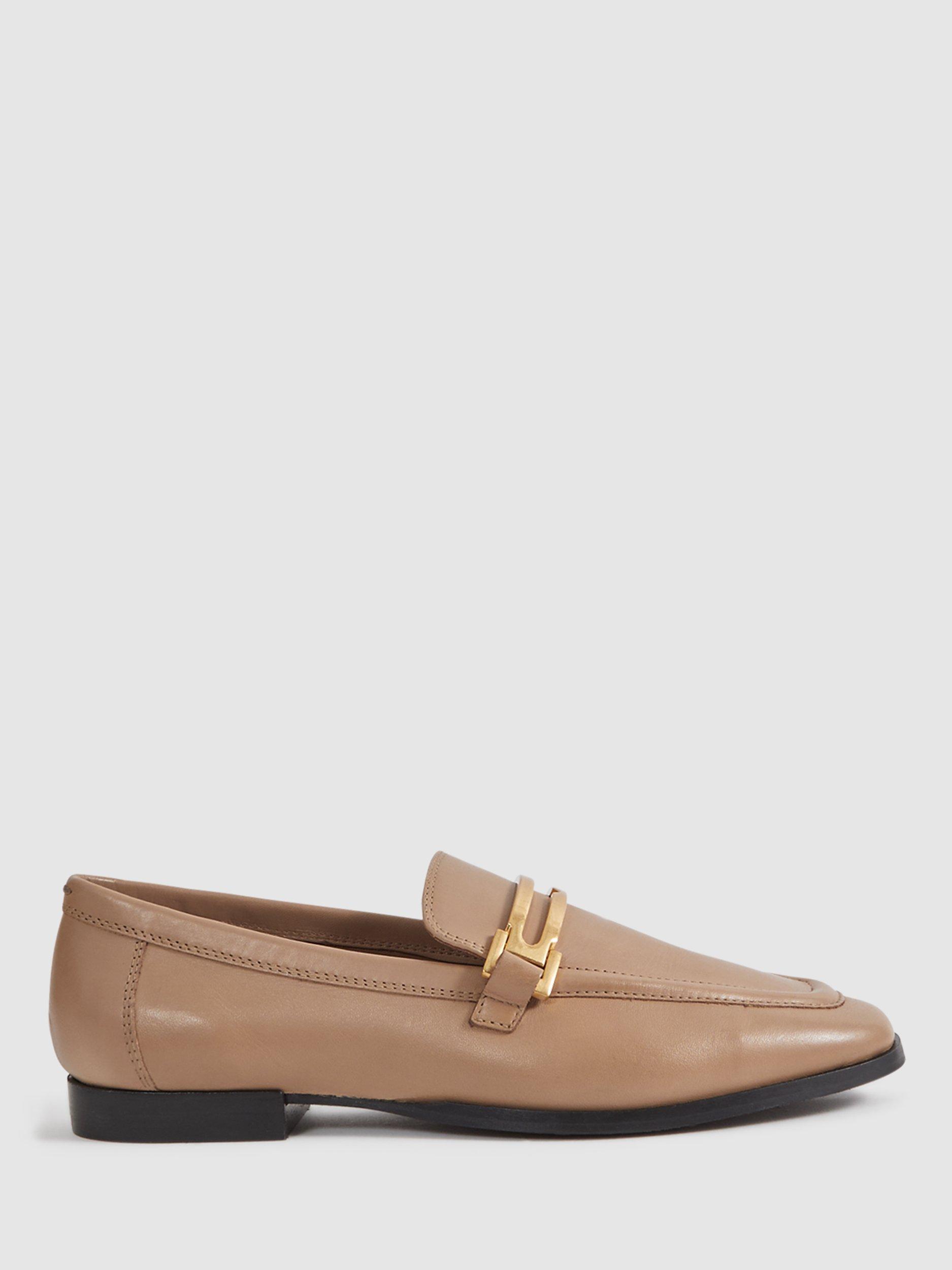 Reiss Angela Metal Trim Leather Loafers, Nude, 3