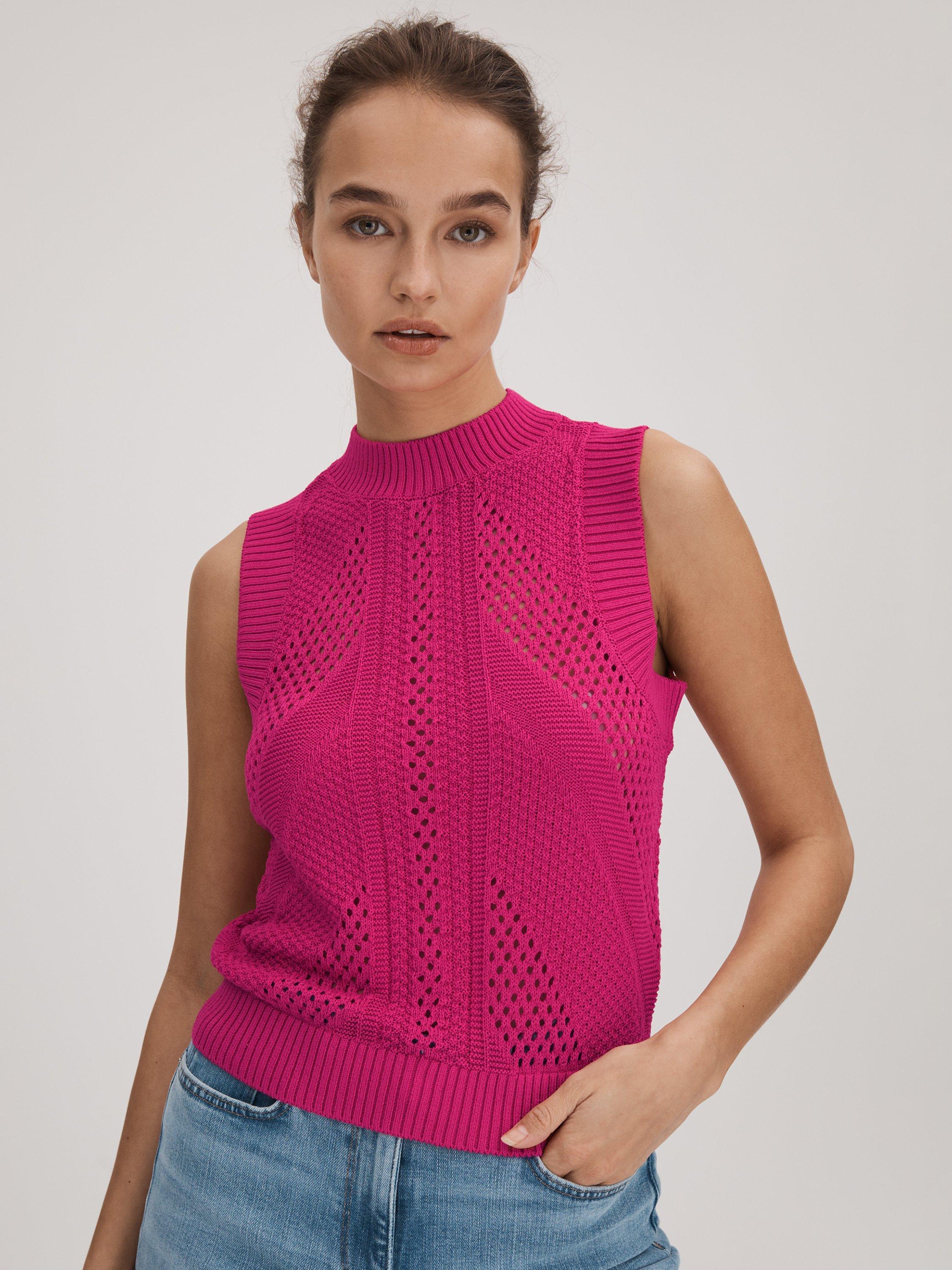 FLORERE Crochet Trim Knitted Tank Top Bright Pink