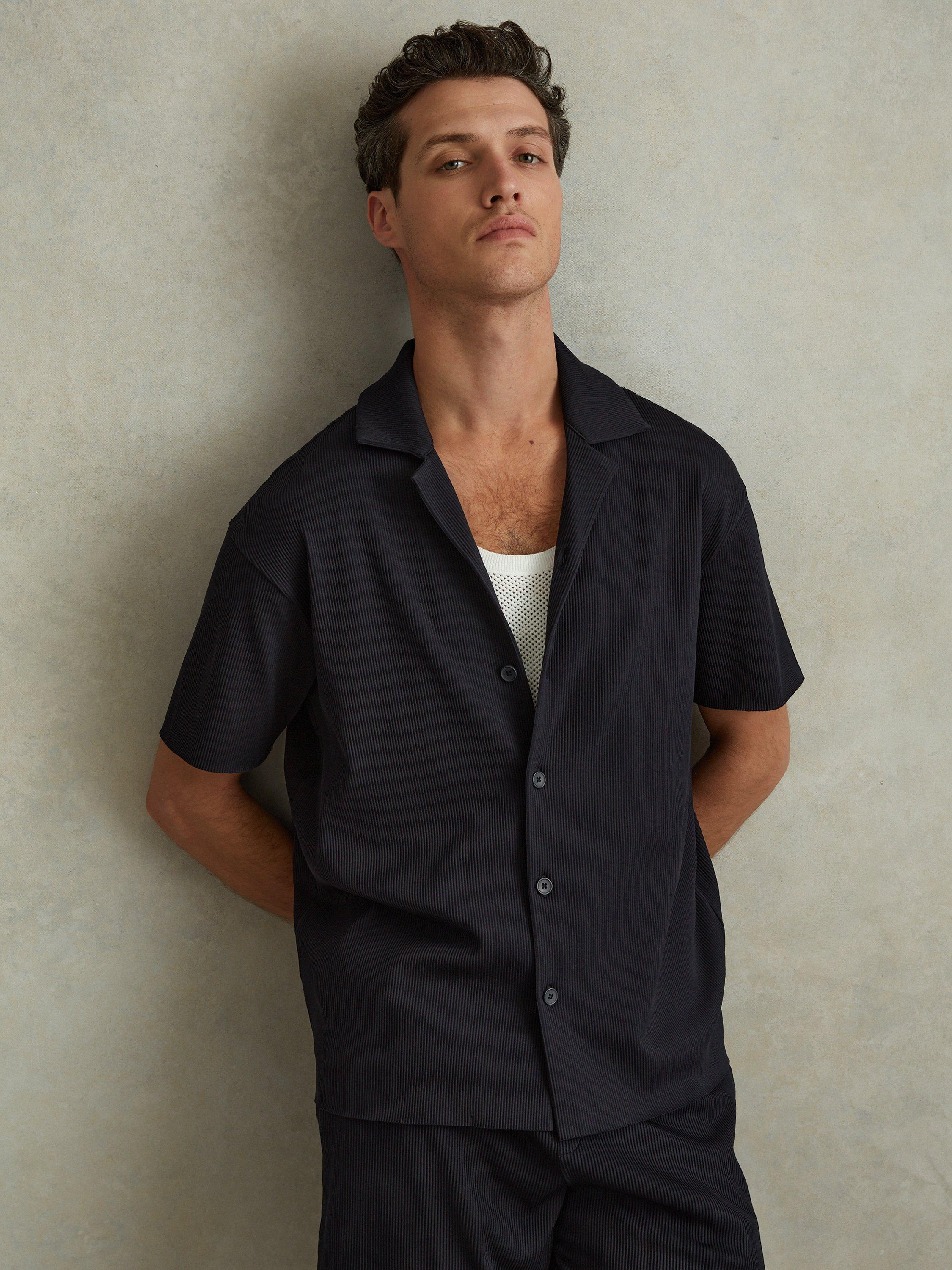 Reiss Chase Rib Textured Short Sleeve Shirt, Navy, XL
