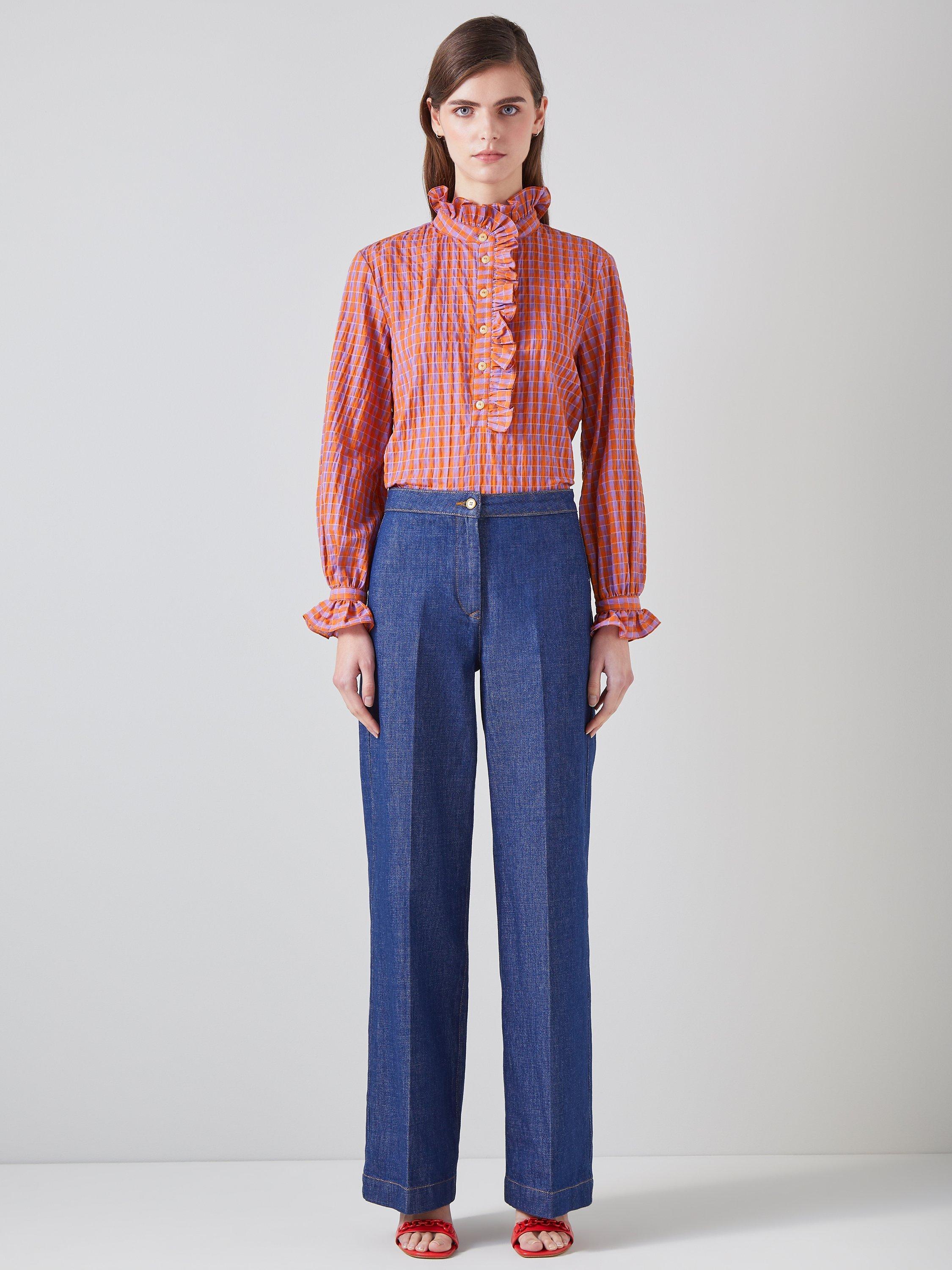 L.K.Bennett Camille Seersucker Check Ruffle Blouse, Orange/Multi