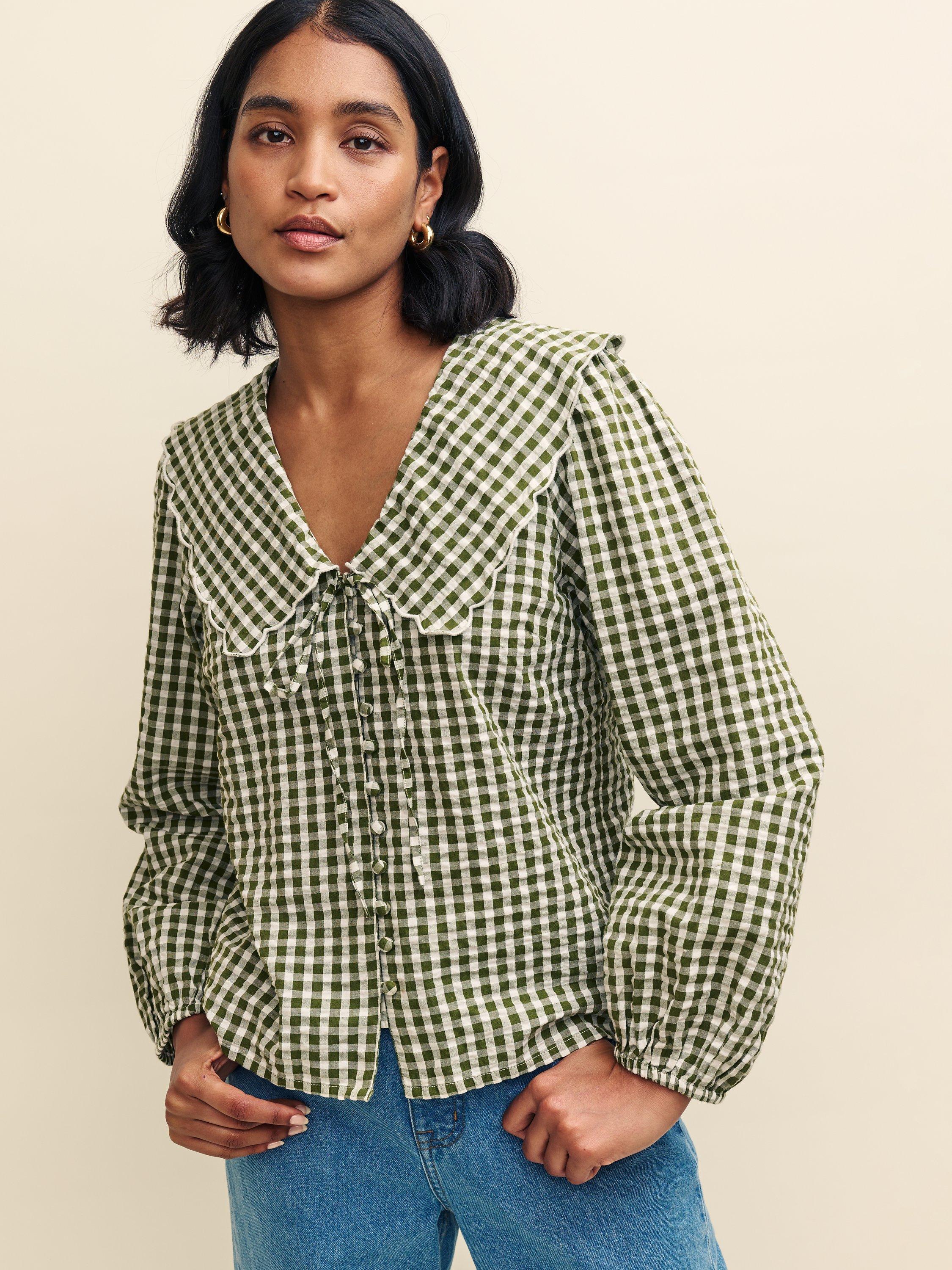 Nobody's Child Birdie Gingham Peter Pan Collar Blouse, Green/Multi