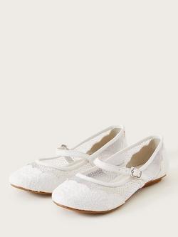 Monsoon Kids' Scallop Lace Ballerina Flat Shoes, Ivory - view 2, Ivory