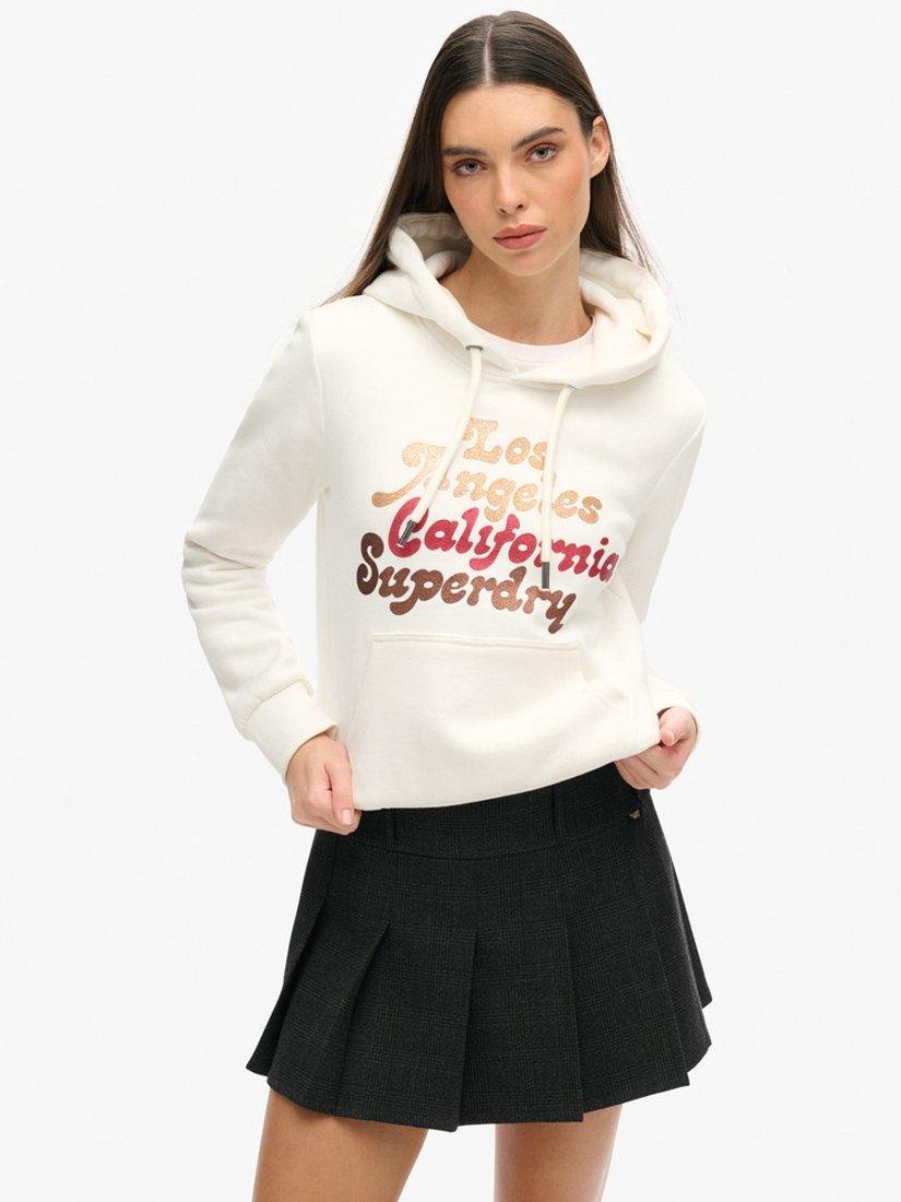 Product image 1 of 4, which shows Superdry Retro Glitter Logo Hoodie, Ecru, 8