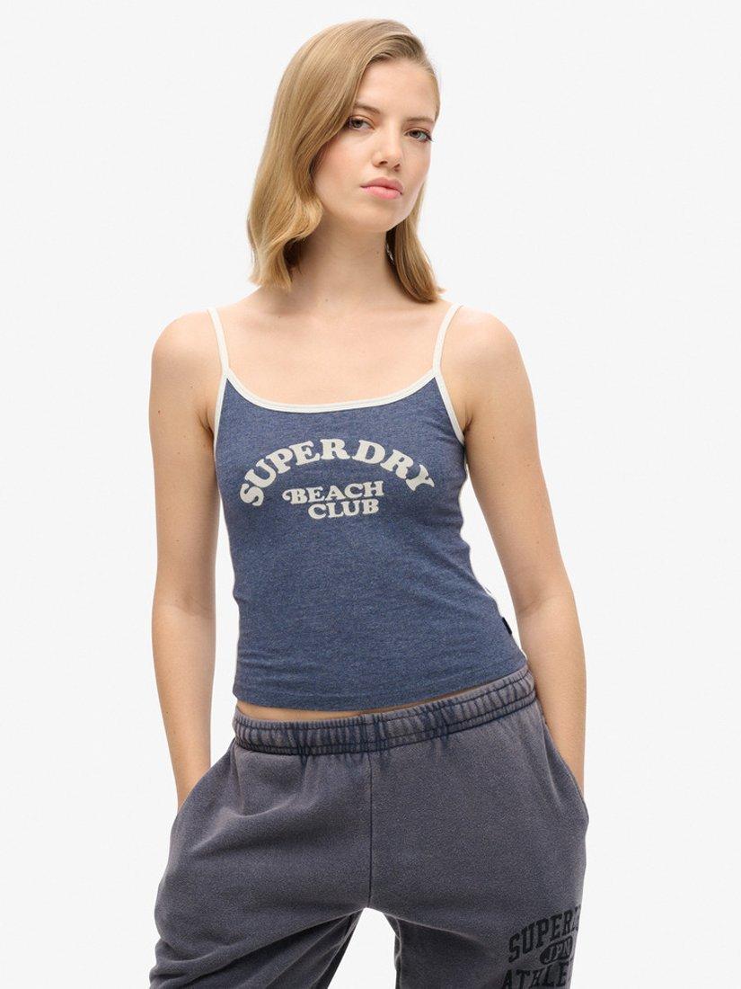 Product image 1 of 5, which shows Superdry Athletic Essentials Organic Cotton Blend Branded Cami Top, Navy Marl, 12