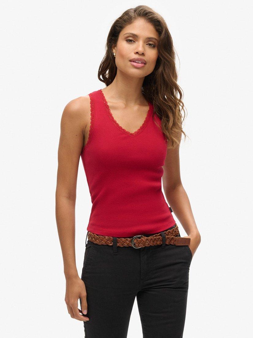 Superdry Athletic Essentials Lace Trim Vest Top, Barndoor Red