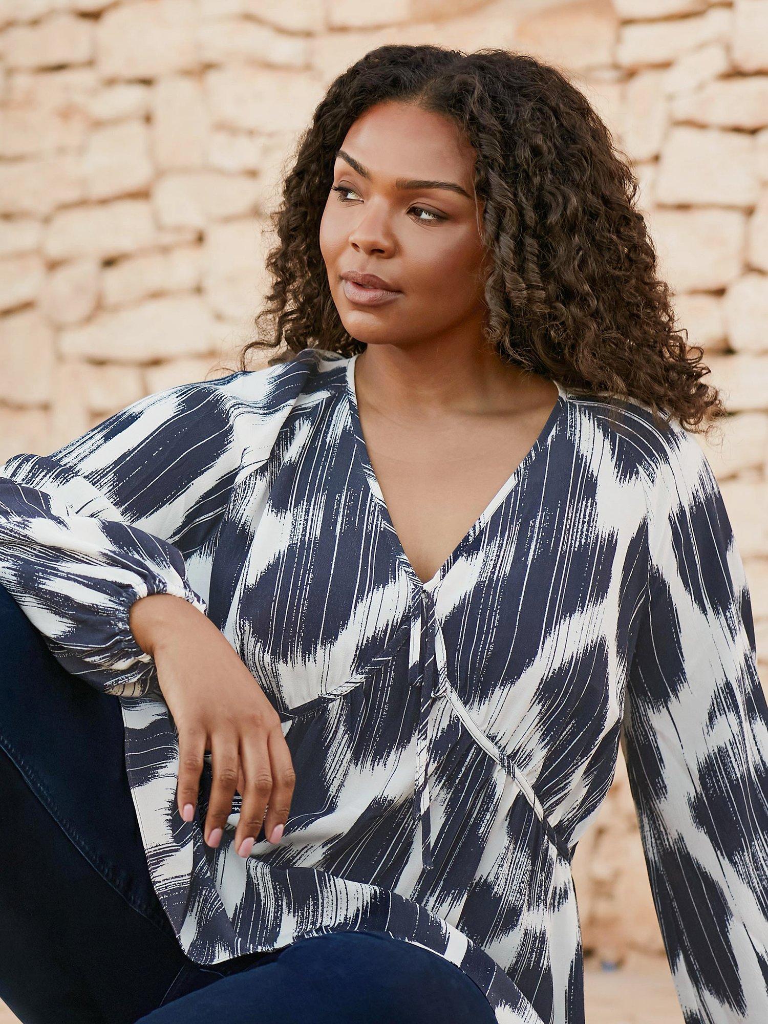 Product image 1 of 8, which shows Live Unlimited Curve Geometric Print Tie Neck Blouse, Blue/White, 12