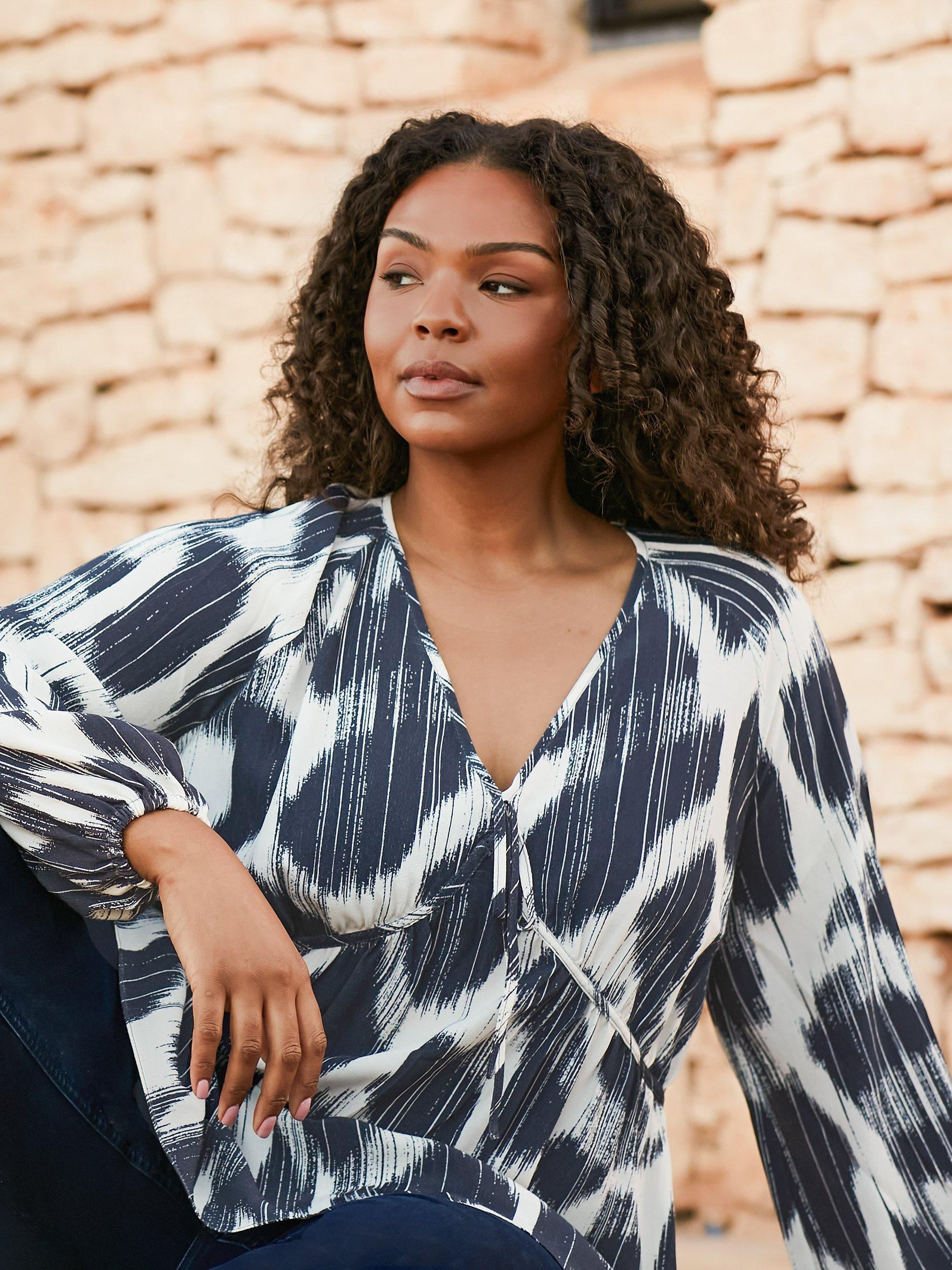 Product image 2 of 8, which shows Live Unlimited Curve Geometric Print Tie Neck Blouse, Blue/White, 12