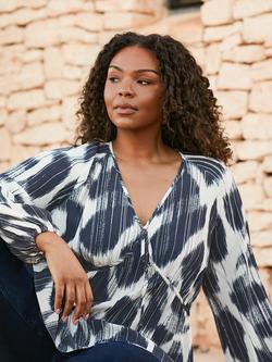 Live Unlimited Curve Geometric Print Tie Neck Blouse, Blue/White - view 2, Blue/White