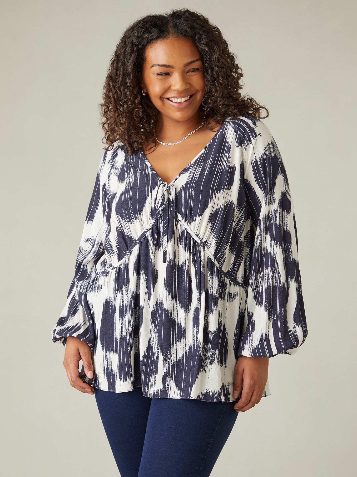 Product image 3 of 8, which shows Live Unlimited Curve Geometric Print Tie Neck Blouse, Blue/White, 12